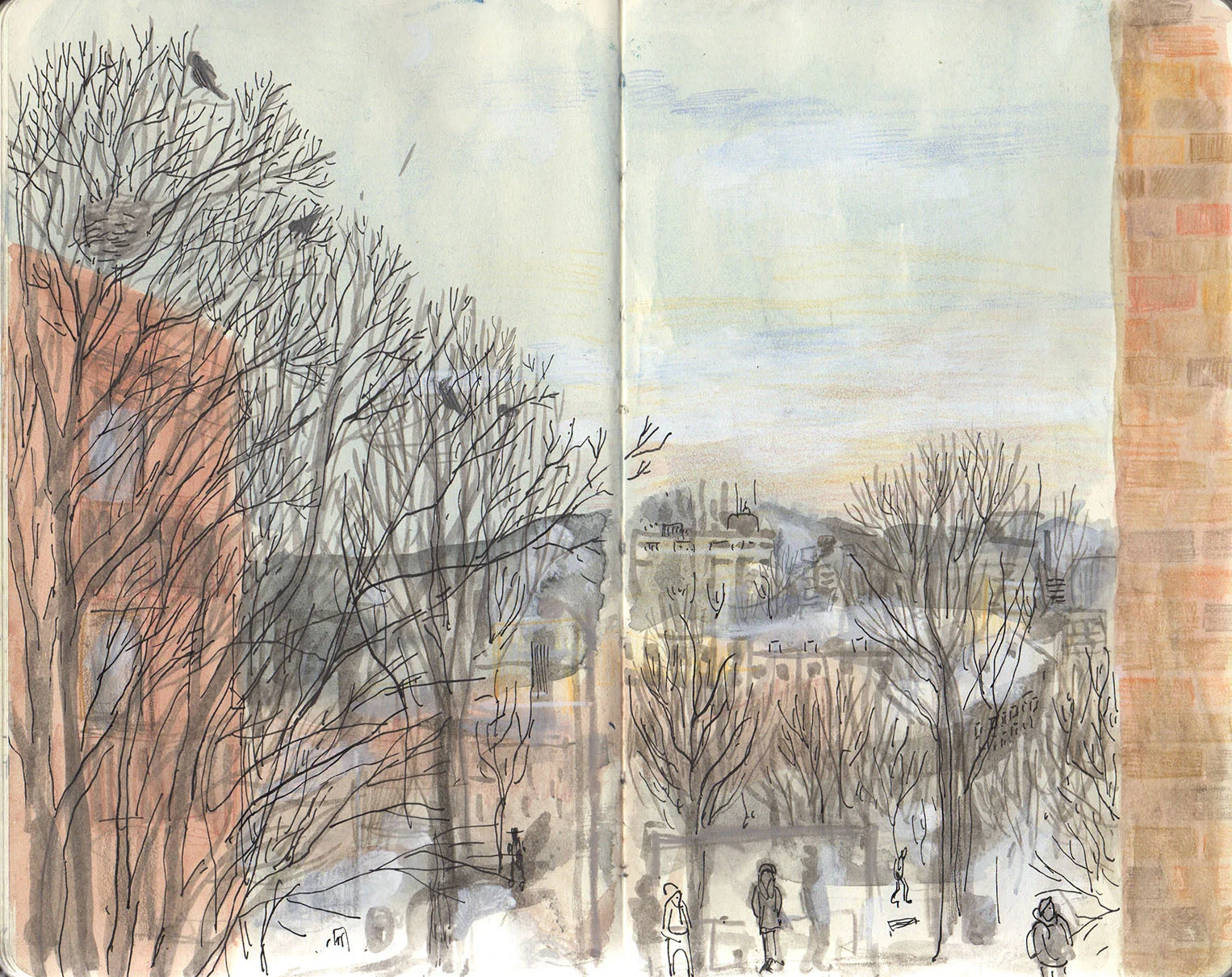In the winter it’s too cold to draw outside, so this is the view from my living room window.