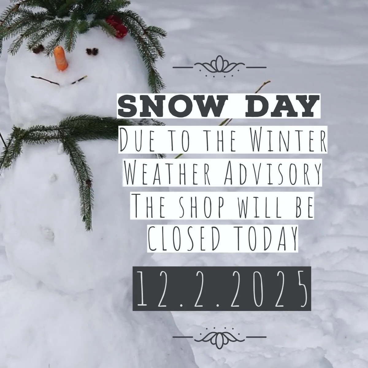 Bummer start to the week! We're closed today to keep everyone safe from the snow and ice. But don't worry, we'll be back tomorrow with holiday cheer, Christmas cards, and festive tunes! Be safe out there, Ohioans! 🫶🏻, Kori