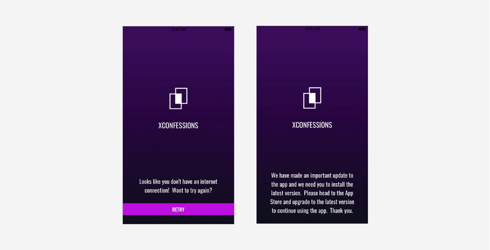 The XConfessions app shows errors and update requests directly in the splash screen to avoid popups