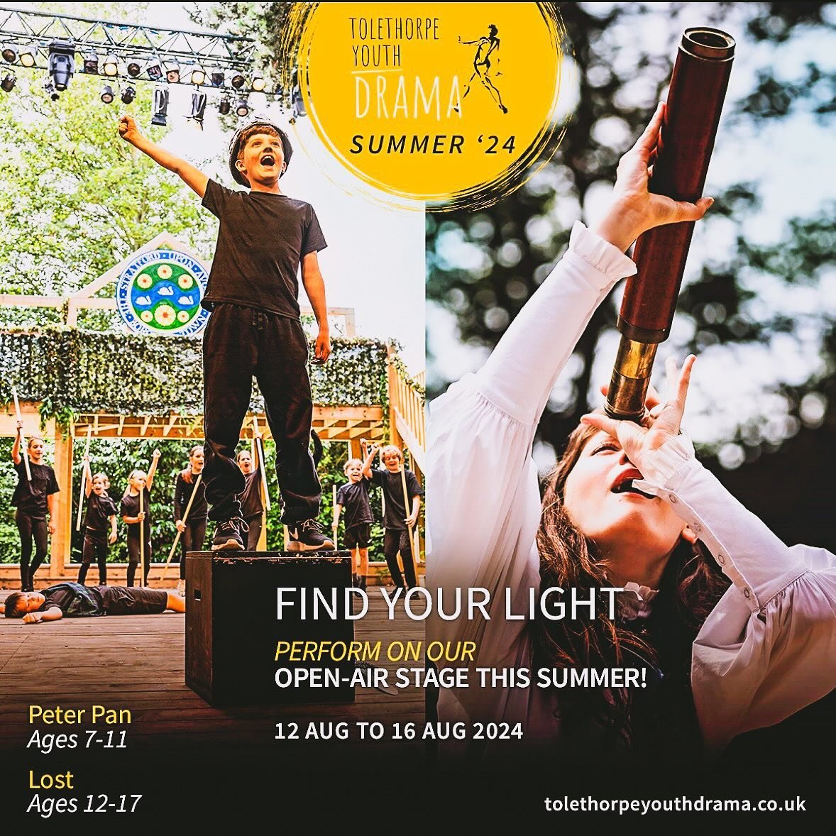 Through the damp and drizzle, here&rsquo;s a ray of sunshine to brighten your day! OUR SUMMER WORKSHOPS 20204!! Create, rehearse and perform on our amazing 600 seat open air stage this summer! Performance Workshops for ages 7-11 &amp; 12-17! August 1