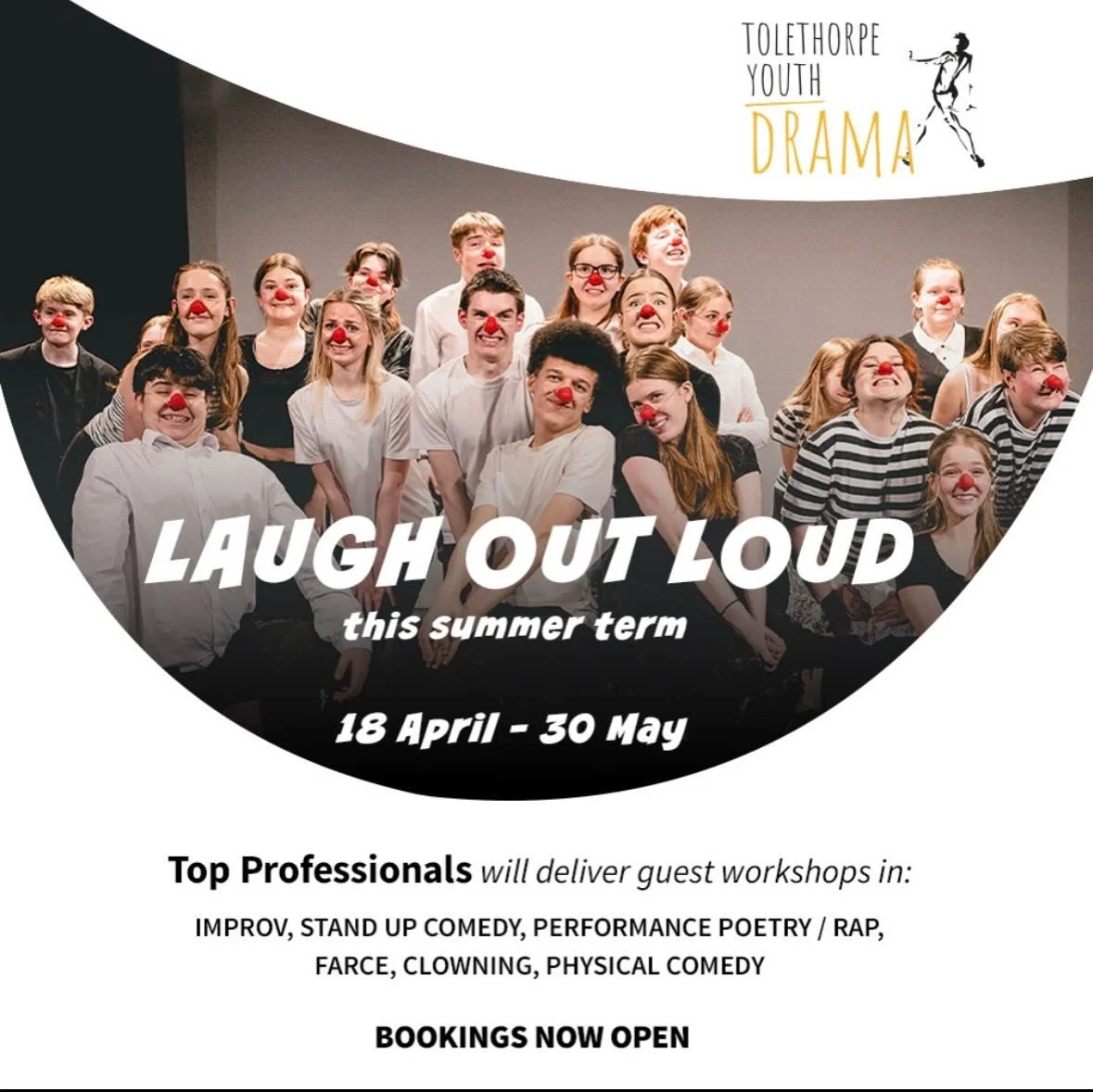 12-17 year olds- Join us after Easter for our summer term for much laughter and hilarity as we meet and work with special guests who will lead workshops in all things comedy! 
From improv, stand up, farce, roasting rap battles and everything in betwe