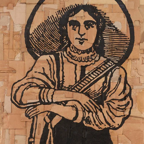 Andrea Bowers, The Woman Soldier, Mexican Revolution (Illustration by José Guadalupe Posada, 1910-1912) , 2017, acrylic marker on cardboard. Private Collection. Courtesy of Jessica Silverman Gallery.