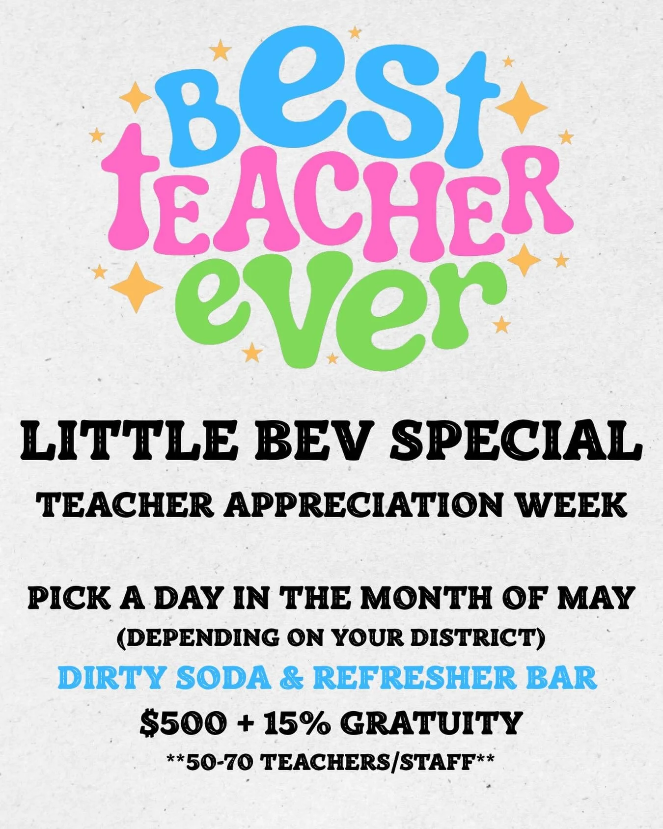 Our teachers deserve the best week! We want to help make that happen!! 📚🎓✏️🍎 

🖍️DM, call, or email for more details🖍️

More than 70 teachers? No problem, let&rsquo;s chat!