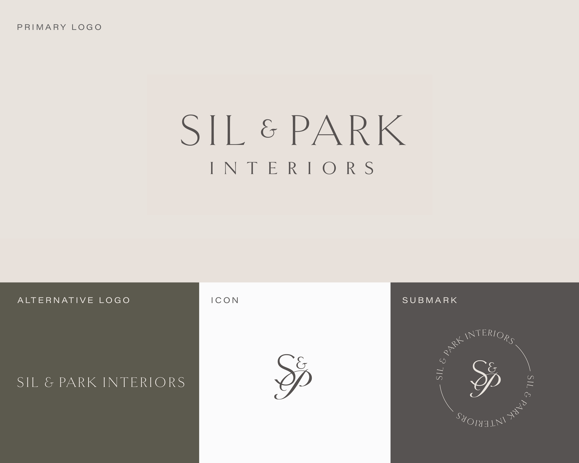 Design mockup featuring logo concepts for Sil & Park Interiors, including primary logo, alternative logo, icon, and submark, with color palette in neutral tones. Created by Clarke Creative.