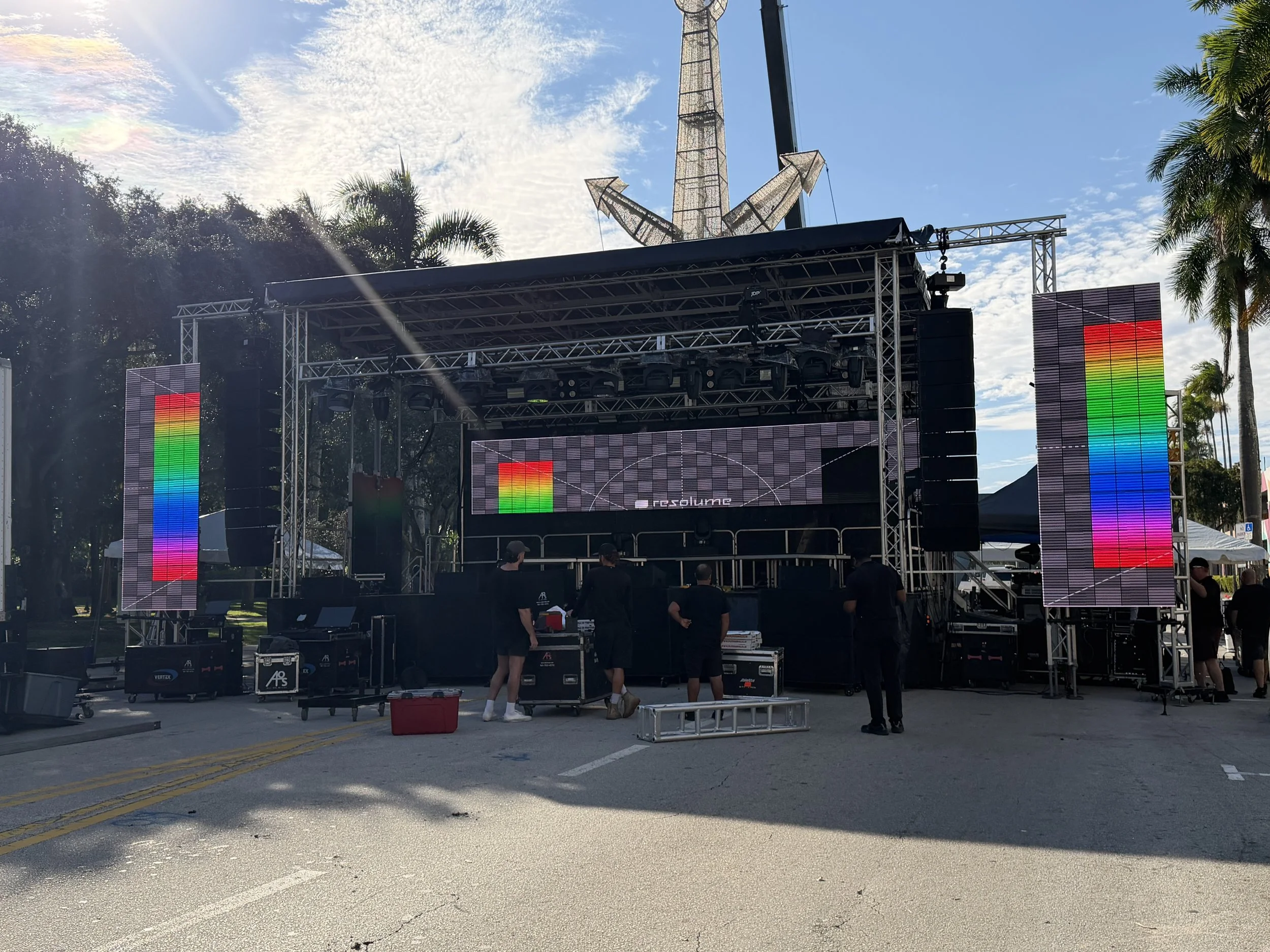 Crew finishing up mobile stage sound, lights, and video wall setup in Fort Lauderdale