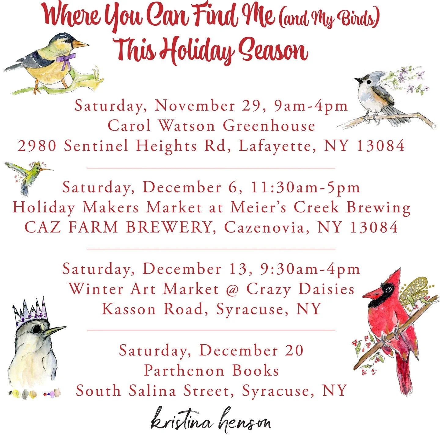 Here&rsquo;s where you can find me (and my birds!) this holiday season.
I&rsquo;ll have books, bookmarks, mugs, prints, stickers, and original art&mdash;everything created right from my little studio.

I&rsquo;m especially excited to kick things off 