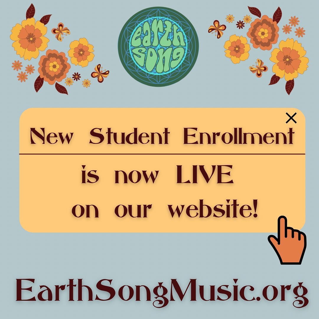 Wahoo!! New student enrollment is now LIVE at EarthSongMusic.org 🎶🍂 

Are you a returning student? No need to re-enroll! 🎶 You are automatically invited to your teacher&rsquo;s 2022-2023 school year schedule. Jess will email you to confirm schedul