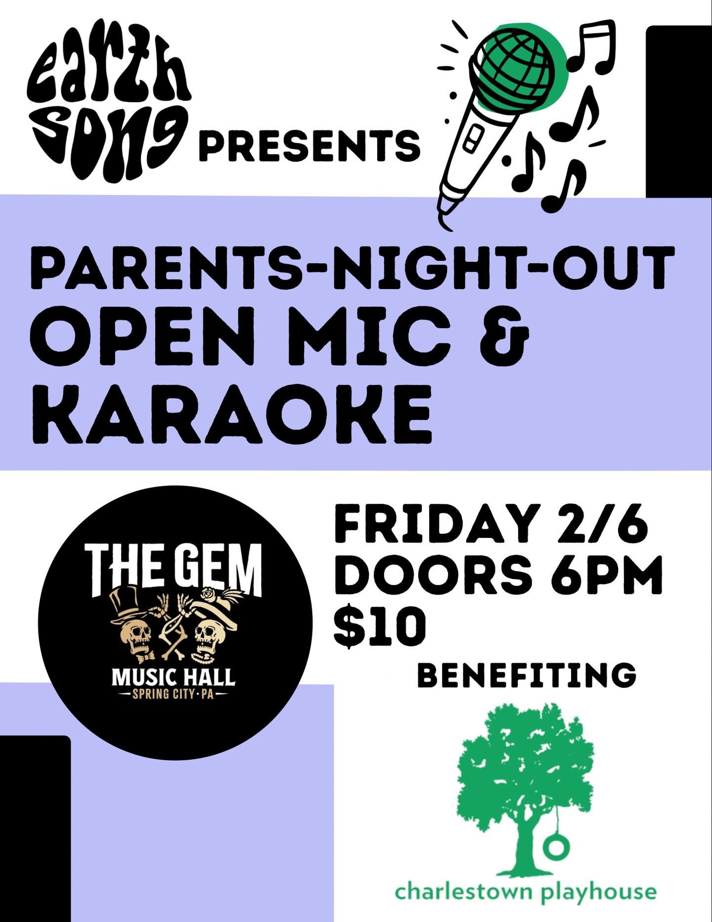 📣🌳Calling all @charlestownplayhouse parents, alumni, and friends! Join us for a super fun night of music at @thegemspringcity owned by Playschool alumni, the Meacham family. 

🎤 The stage will be set for open mic and karaoke, hosted by Earth Song 