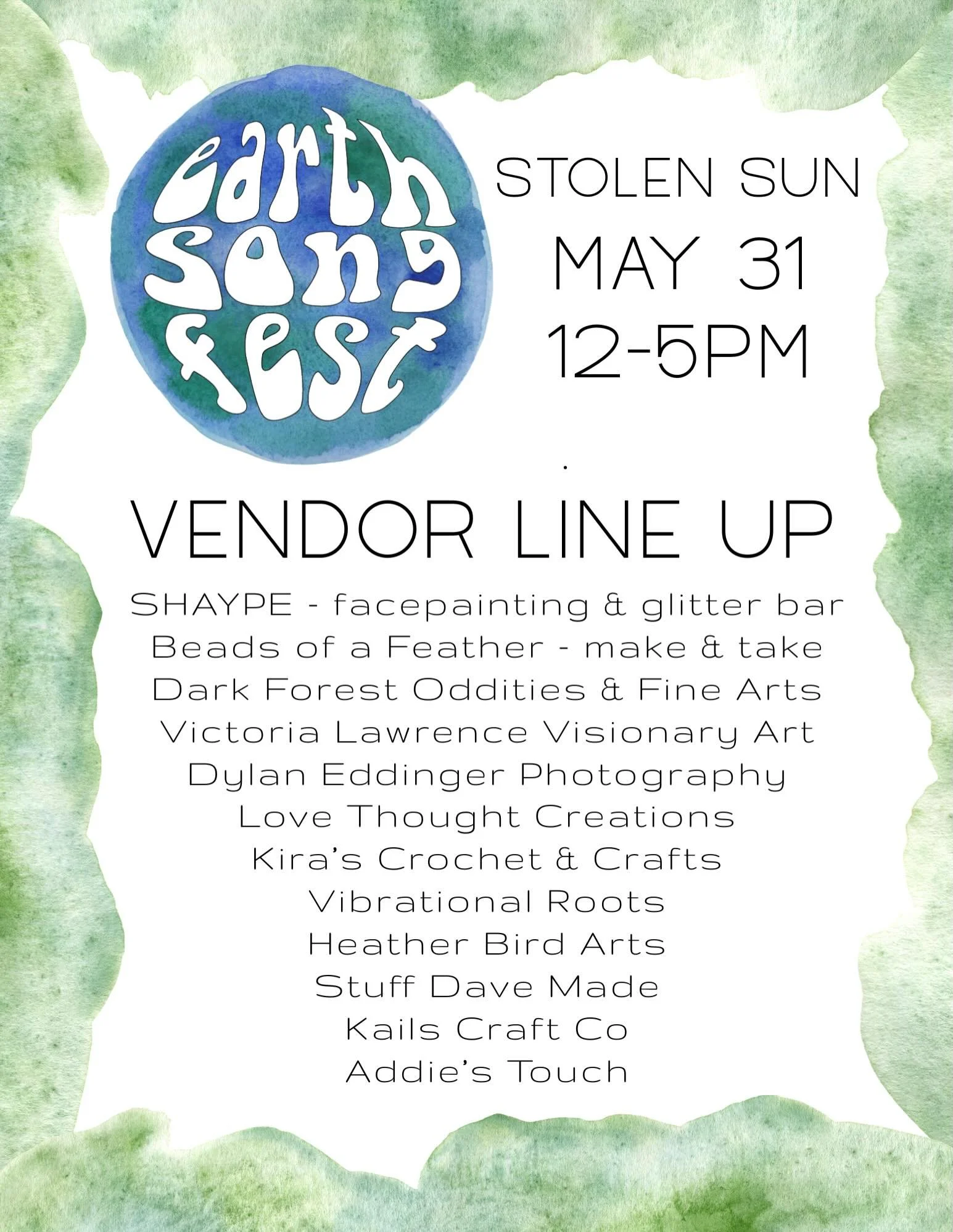📣 EARTH SONG FEST VENDOR LINEUP 📣 We are absolutely thrilled to have these amazing artists on our vendor team. 🎨 Shop incredible local art &amp; artisan crafts 🔮 Make crystal bracelets with @beadsofafeather1823 ✨ Get facepainting and glitter with