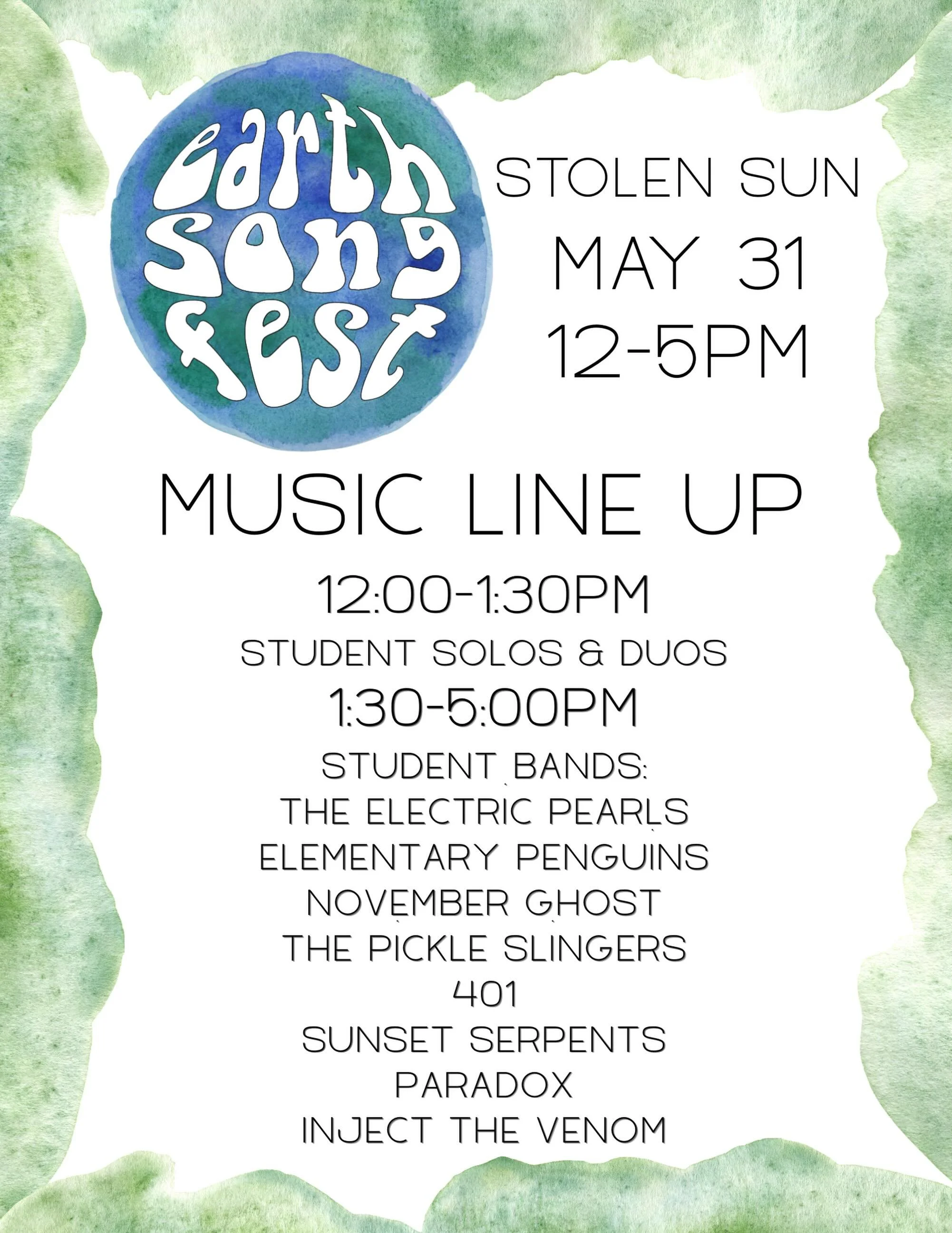 🎶 EARTH SONG FEST MUSIC LINE UP 🎶 get excited!! These kids rock!

🎶 7th Annual Earth Song Fest
📍 @stolensunbrew 
🗓️ Sunday 5/31
⏰ doors 11:30, music 12-5

🎨 local art vendors
✨ facepainting &amp; glitter bar
🔮 crystal bracelet make &amp; take
