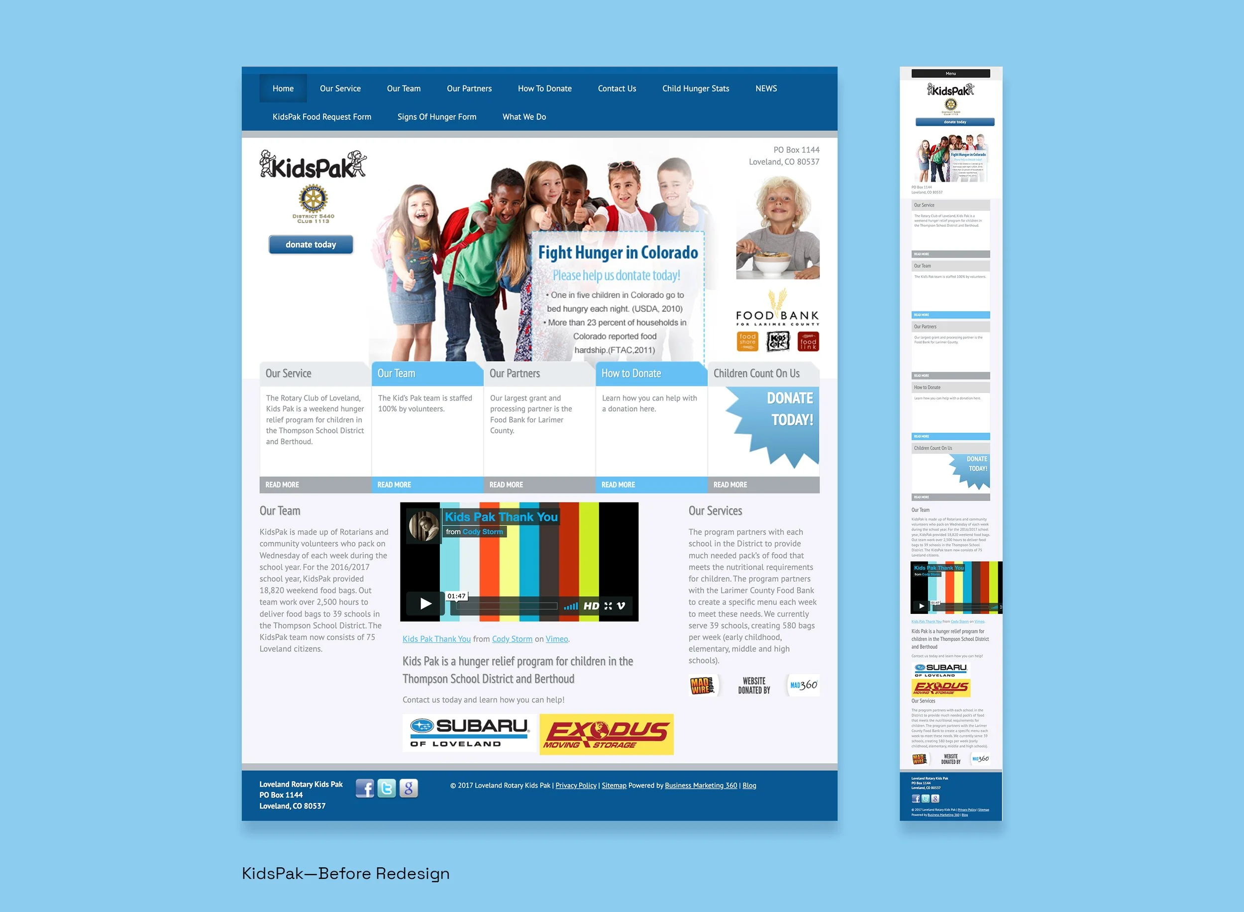 The KidsPak desktop and mobile site before the redesign