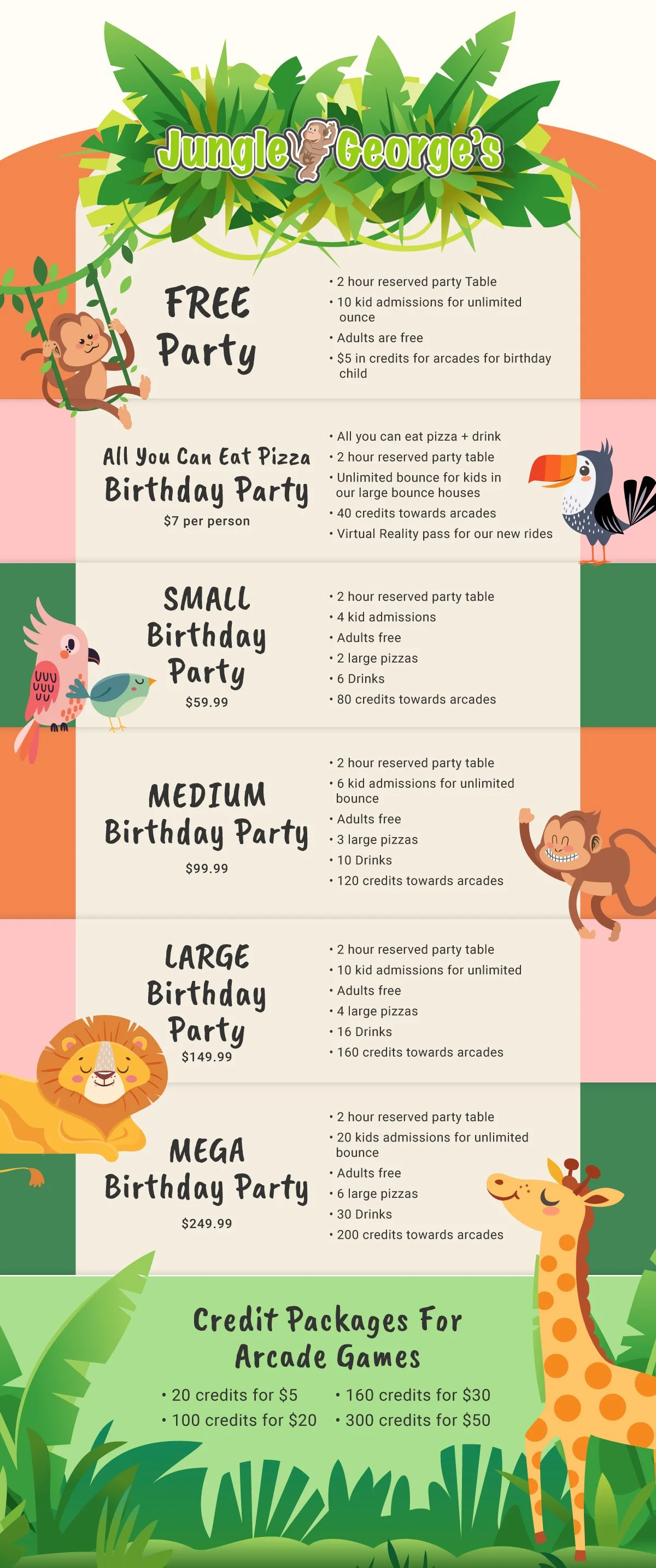 A menu for Jungle George's party packages featuring the new brand illustrations