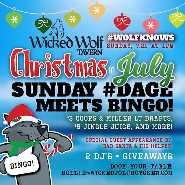 Kicking off Sunday Bingo this weekend for #Wolfknows annual Christmas in July #dage 🍾 Special guest appearance by Bad Santa &amp; his helper. DJs starting at 1pm and all day drink specials! 🎅 🎅🎅🎅🎅🎅🐺🐺🐺🐺🐺🐺🐺
#wolfknows #wickedwolf #christm