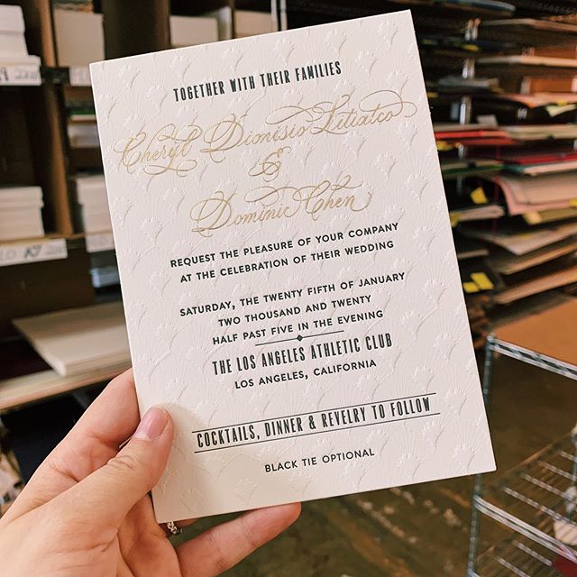 Check out this wedding invite we printed for @gingerlydesignco ❤️ featuring a blind letterpress background, black letterpress and gold foil on @craneandco Lettra 220# ✨
.
.
.
.
.
.
#czarpress #letterpress #print #weddinginvite #weddinginvitations #go