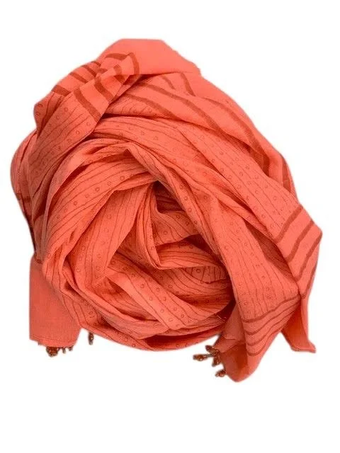 Orange Block-Print Scarf with Beaded Fringe