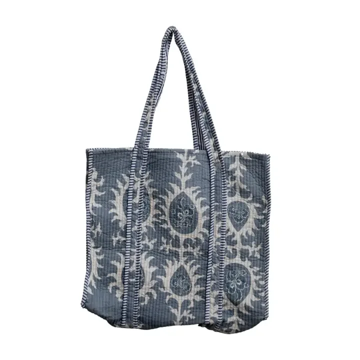 Gray Block Print Quilted Tote Bag