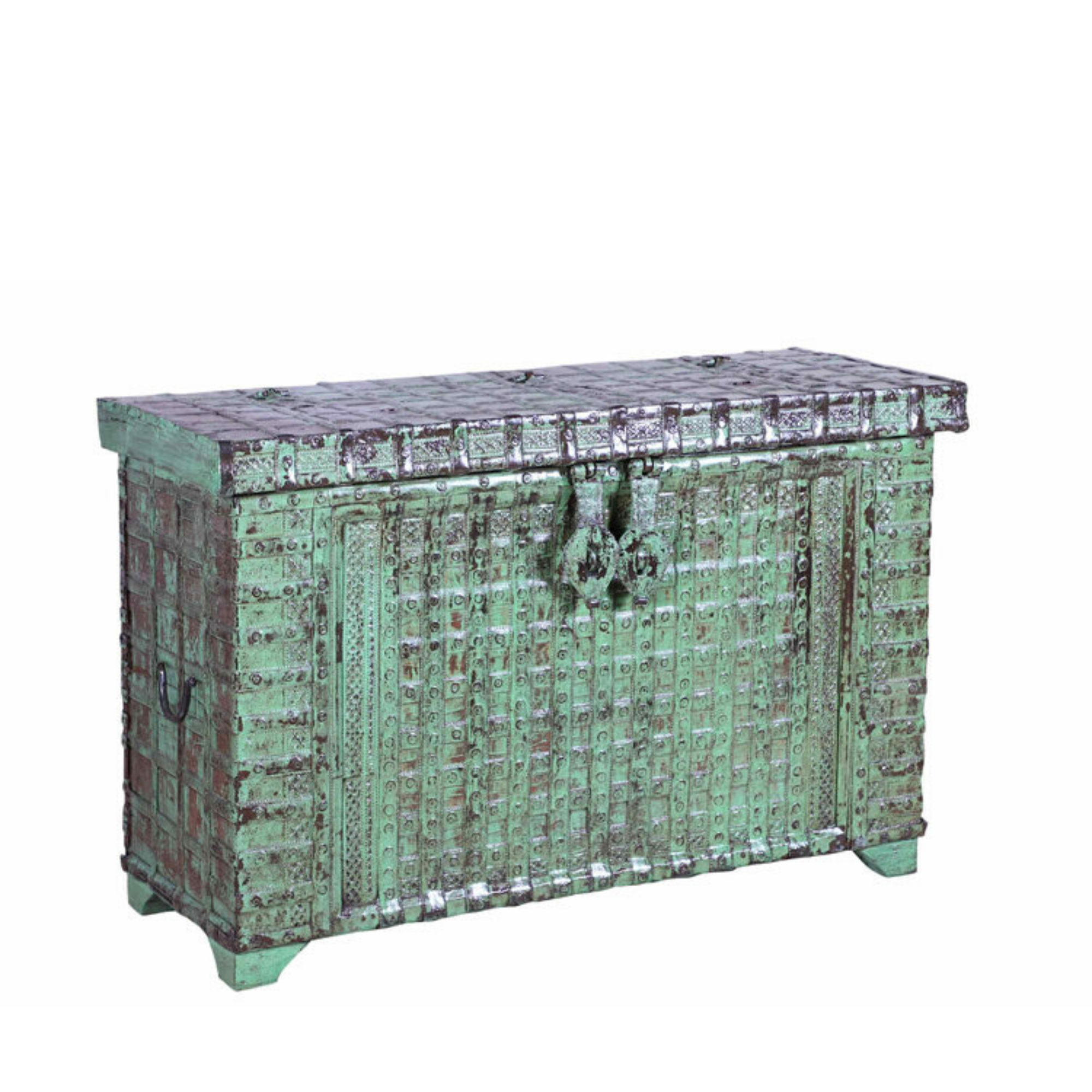 Metal and Wooden Distressed Green Indian Dowry Trunk