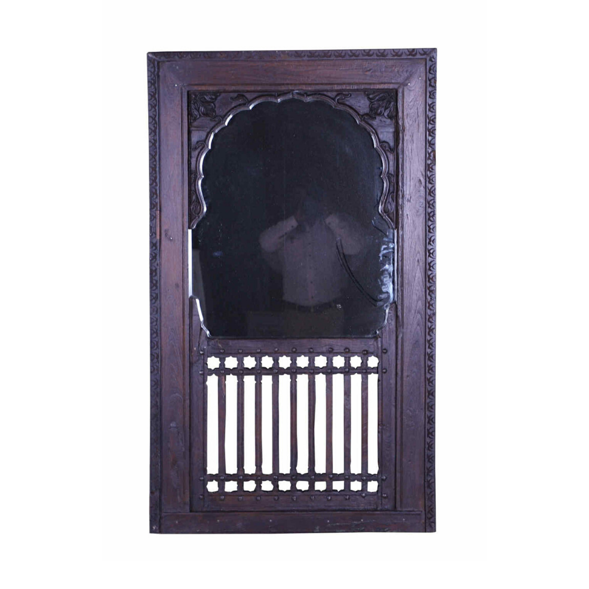 Indian Wooden Mirror with Bars and Carvings