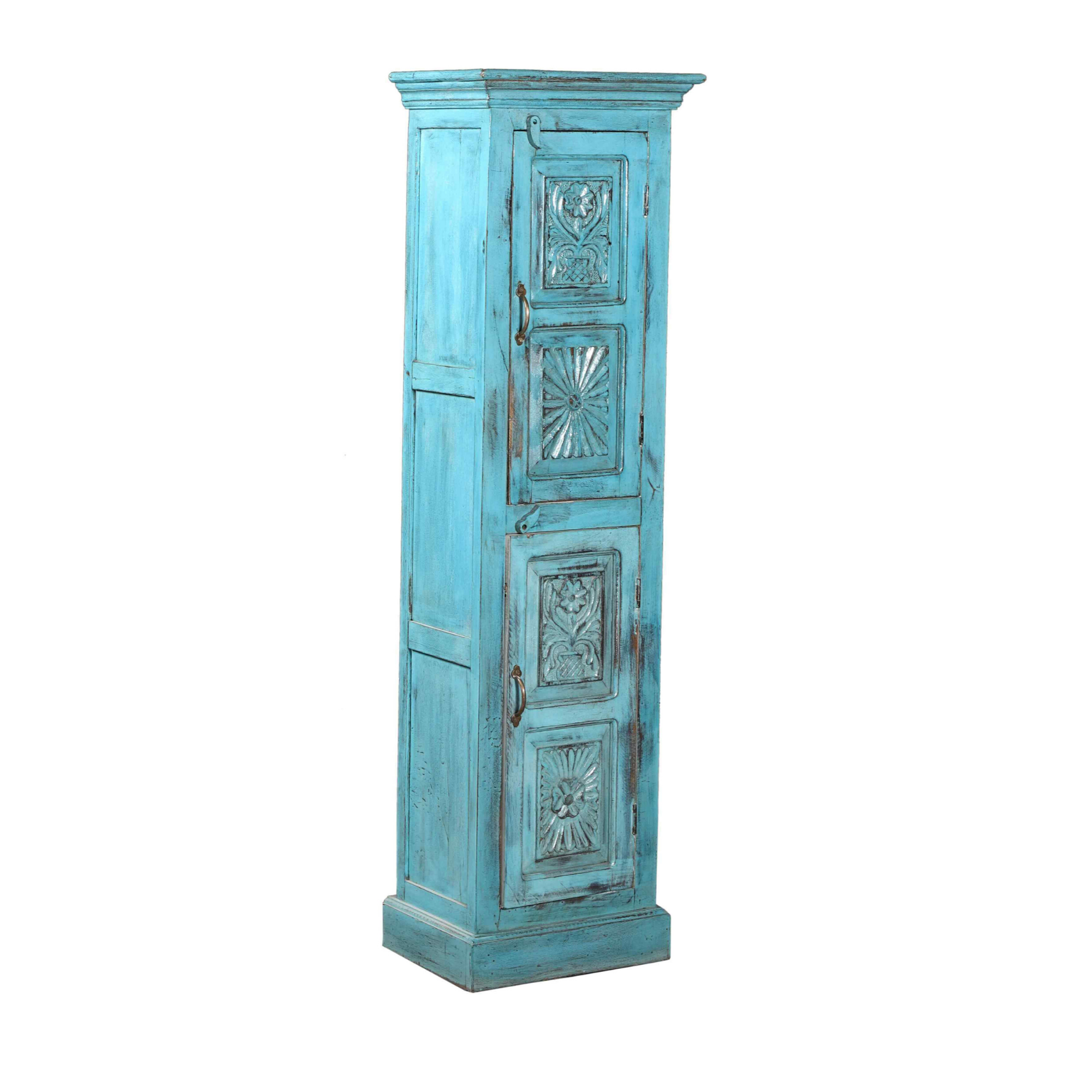 Tall Narrow Distressed Bright Blue Storage Cabinet