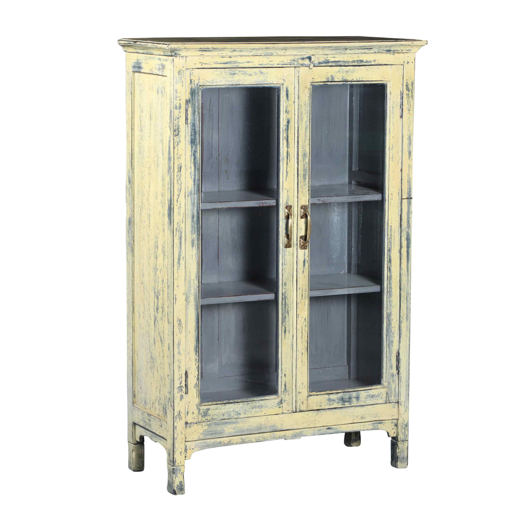 Distressed Pale Yellow Storage and Display Cabinet with Grey Accents