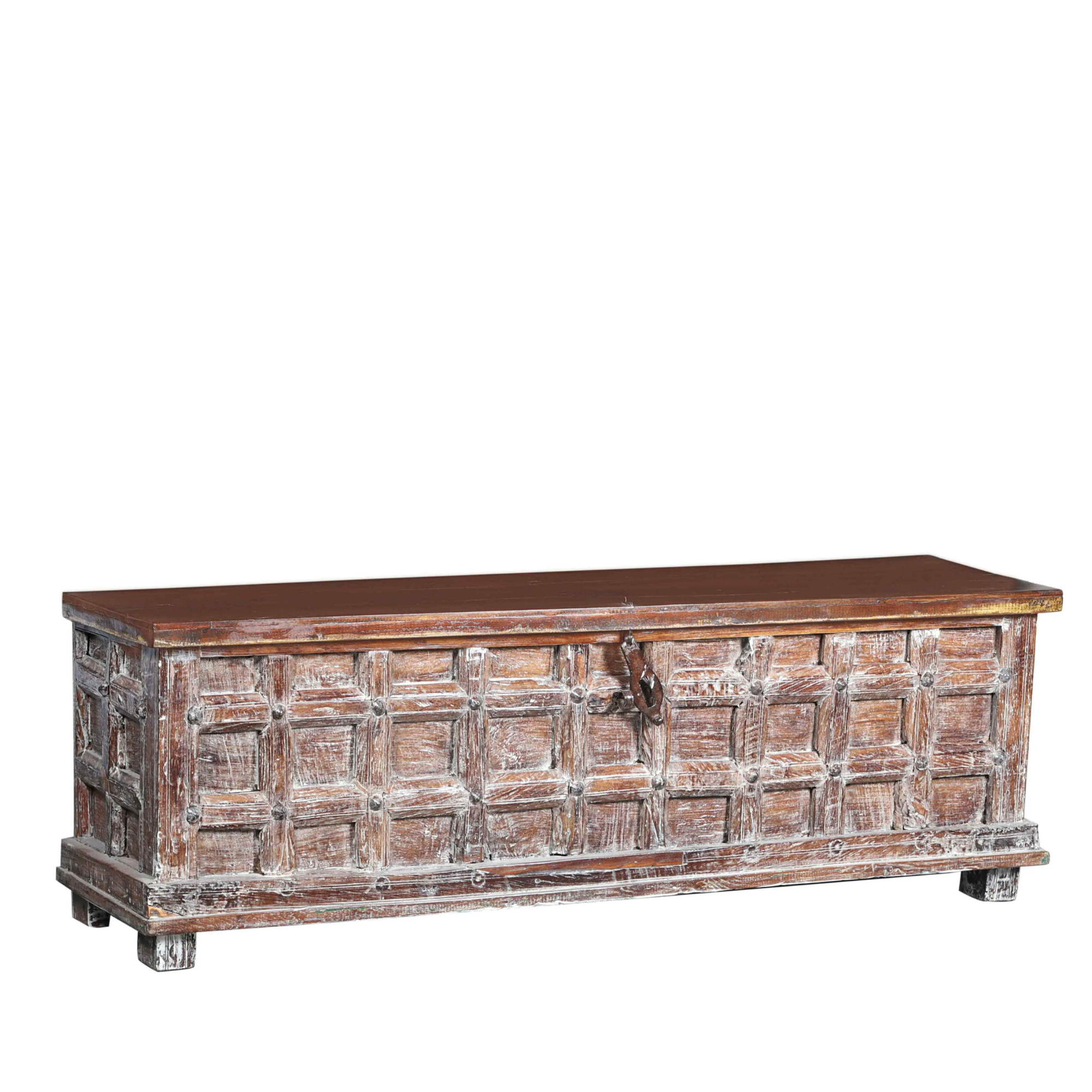 Low Whitewashed Rustic Storage Trunk Coffee Table