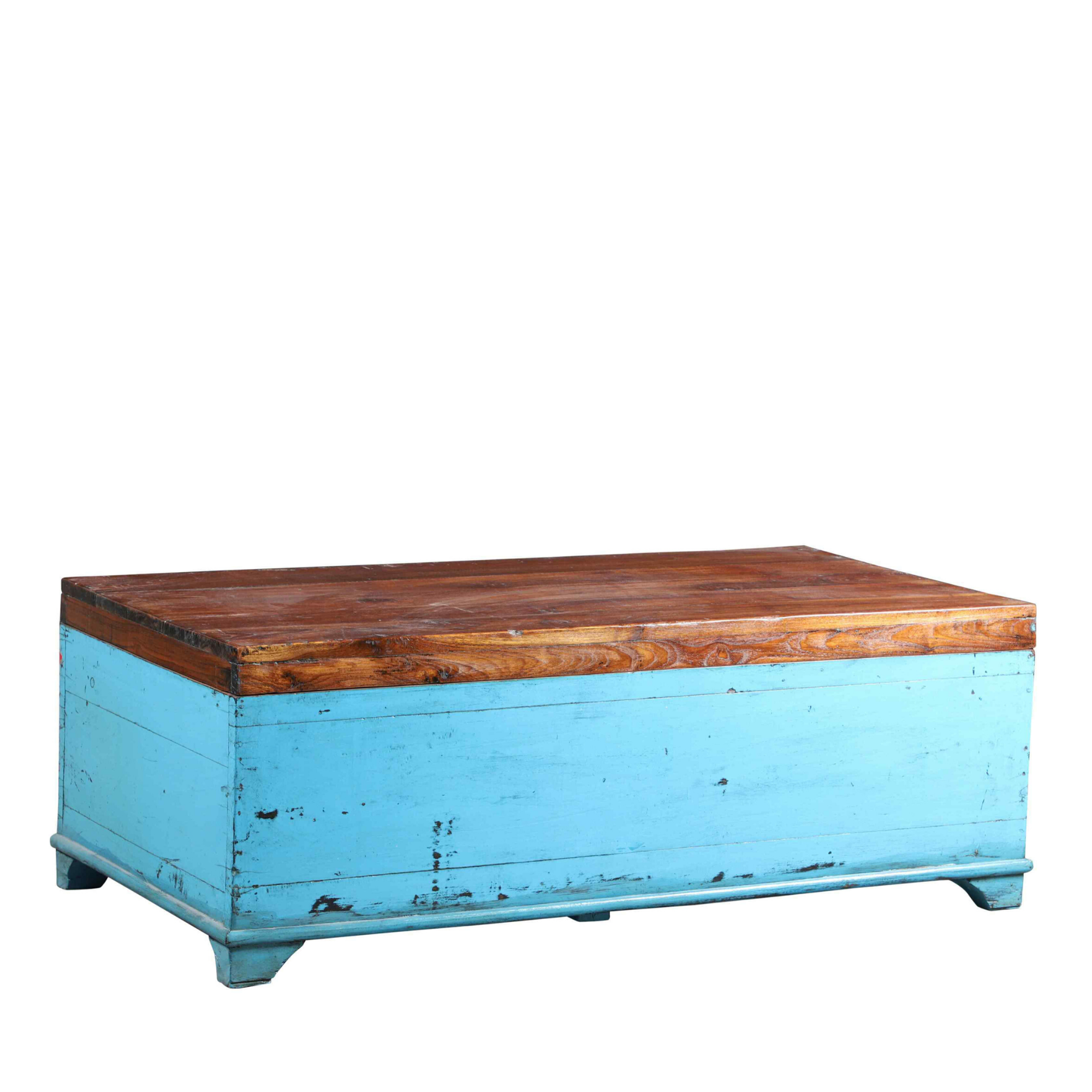 Distressed Bright Blue Trunk with Wooden Coffee Table Top