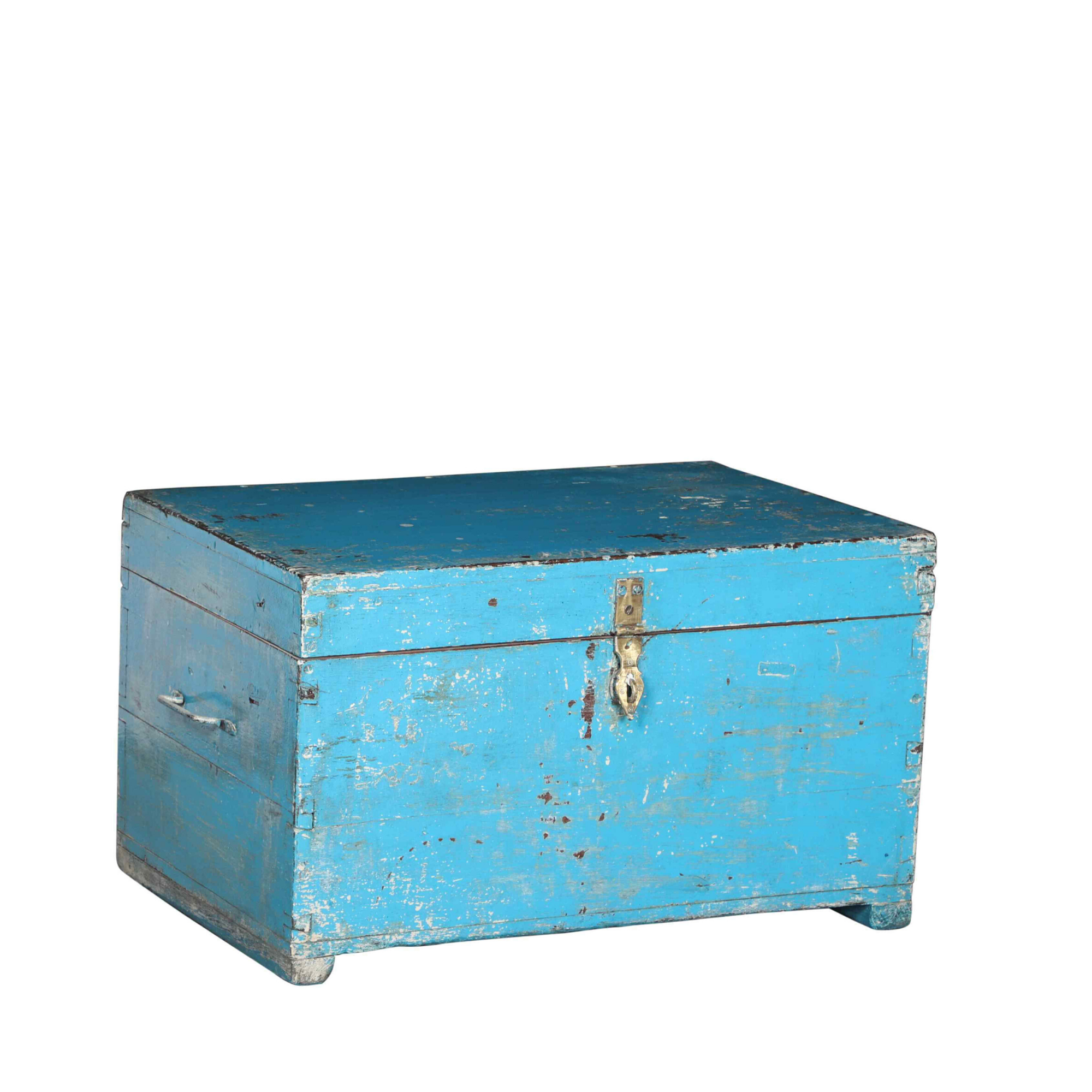Distressed Bright Blue Storage Trunk Vintage Finish