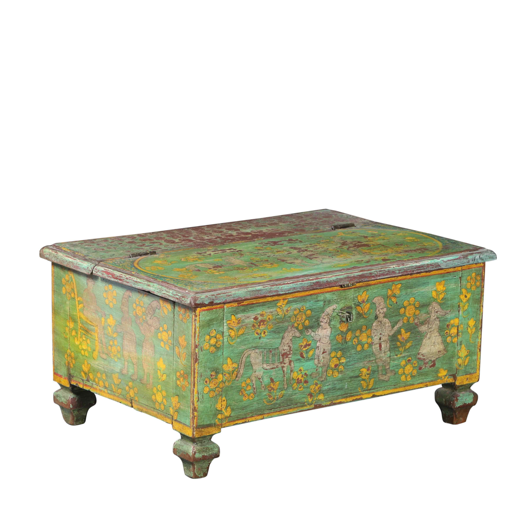 Small Rustic Lime Green Boho Indian Storage Trunk