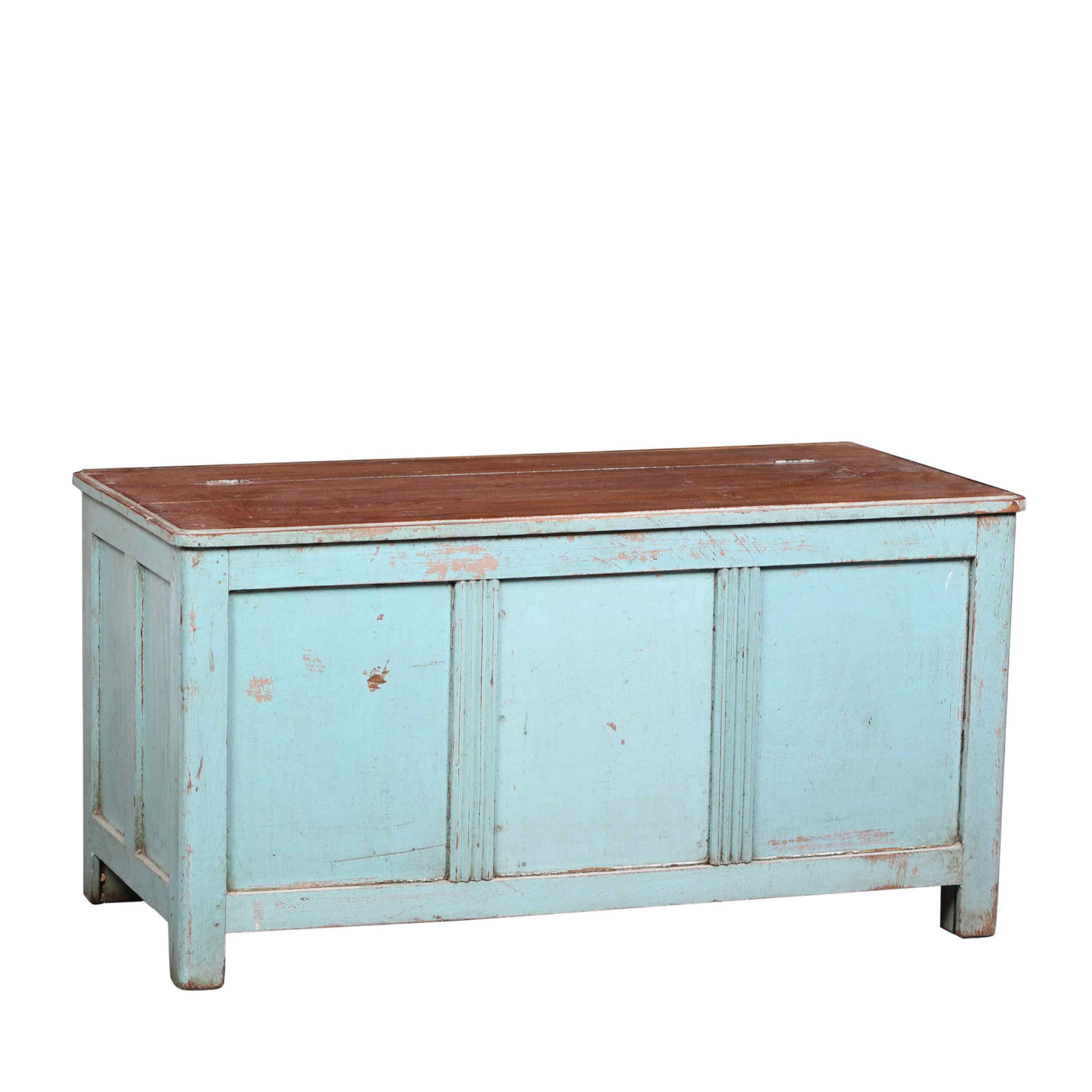 Distressed Light Blue Wooden Top Storage Trunk Table
