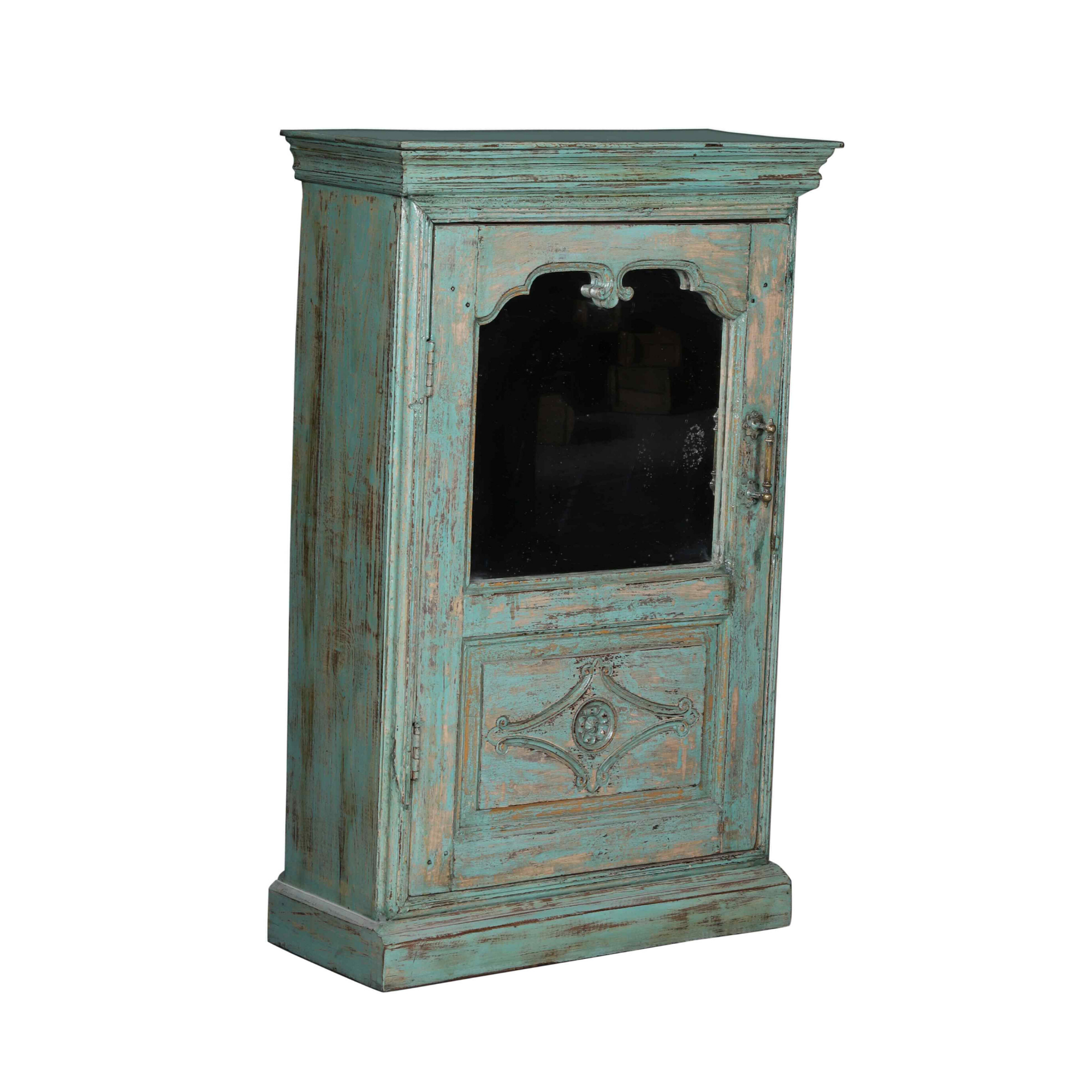 Antique Distressed Small Green Storage Cabinet with Mirror