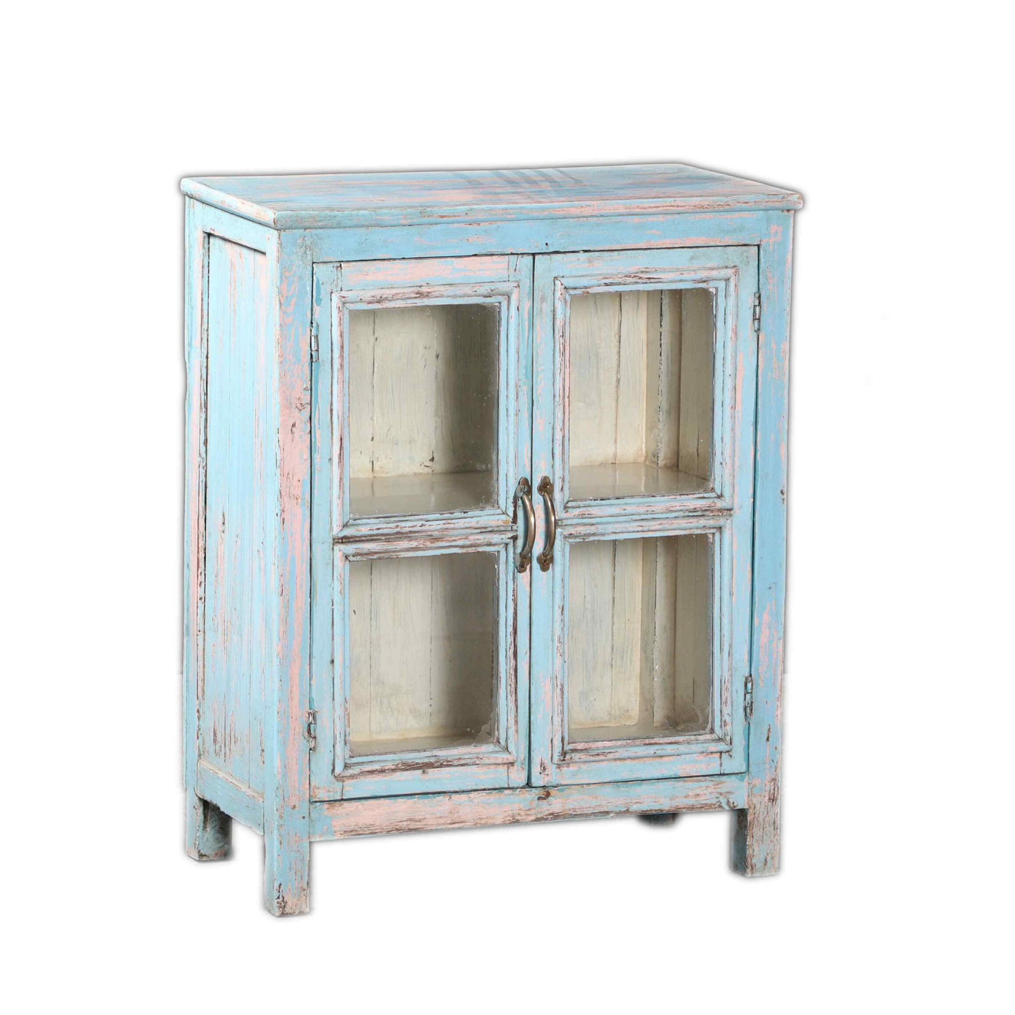 Distressed Baby Blue Storage Cabinet with Glass