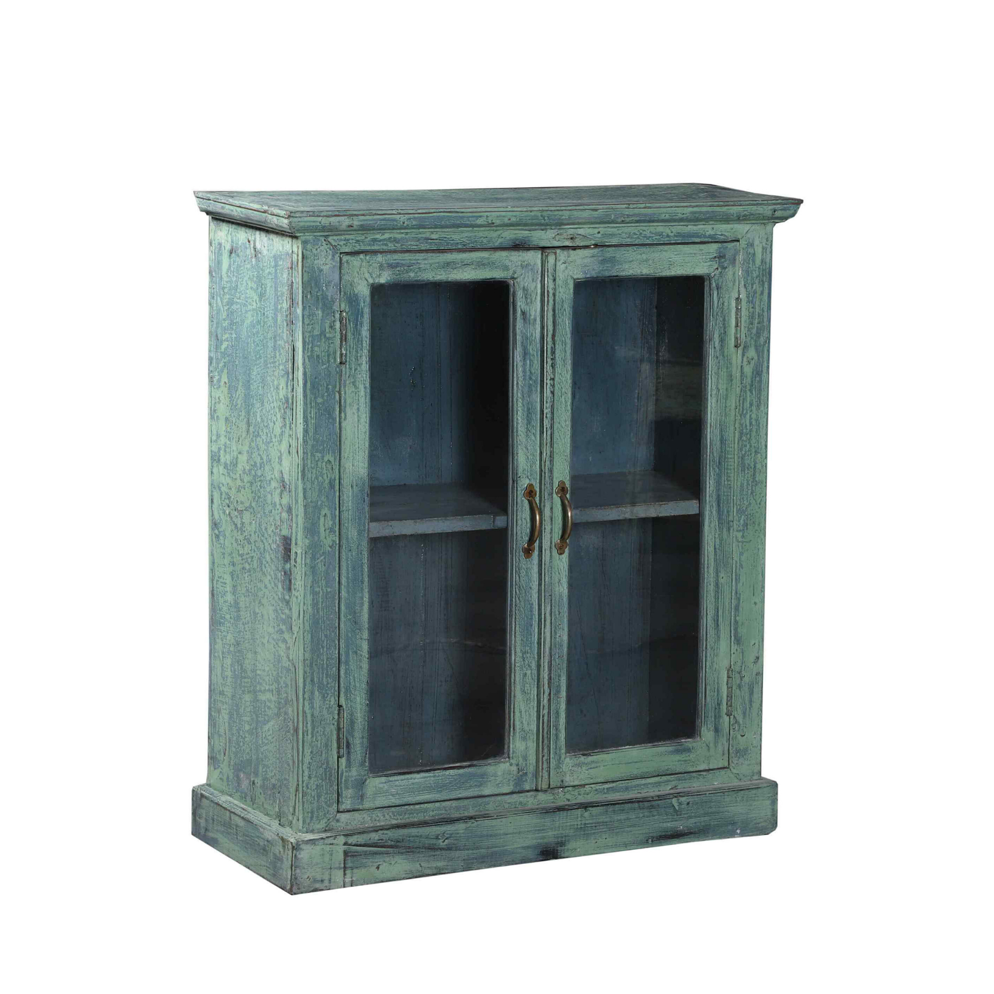 Rustic Distressed Teal Storage Cabinet with Glass
