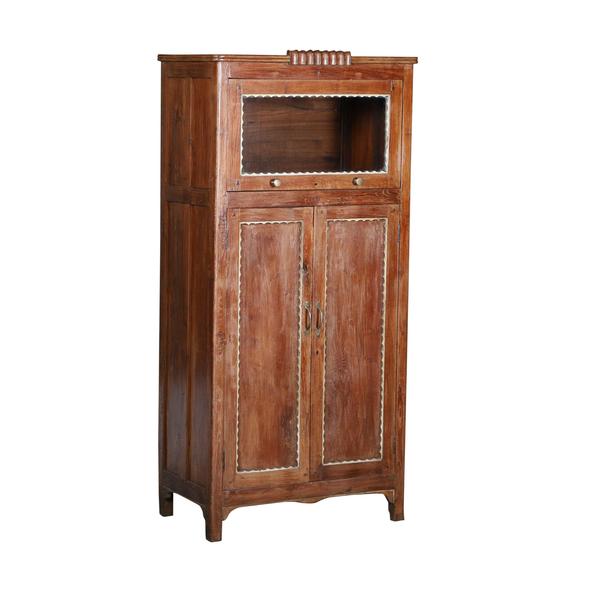 Vintage Whitewashed Storage Cabinet with Glass Opening