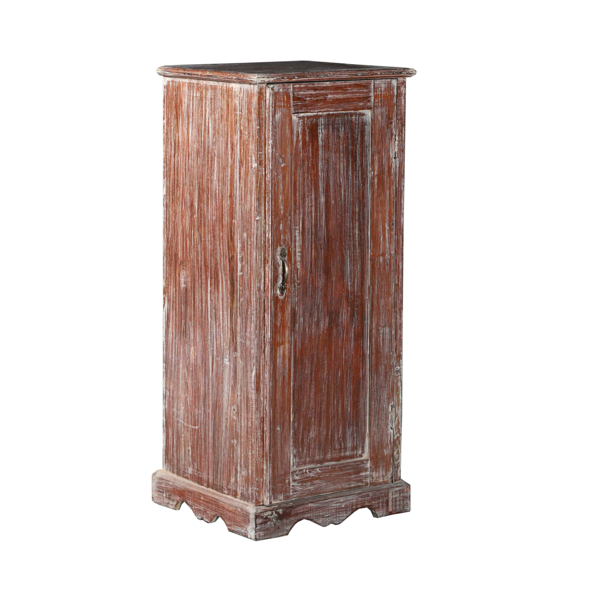Narrow Whitewashed Distressed Wooden Storage Cabinet