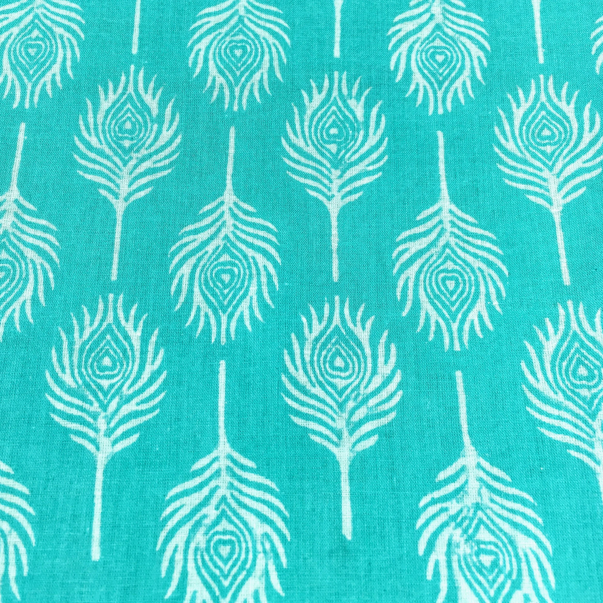 Turquoise Feather Block Print Fabric