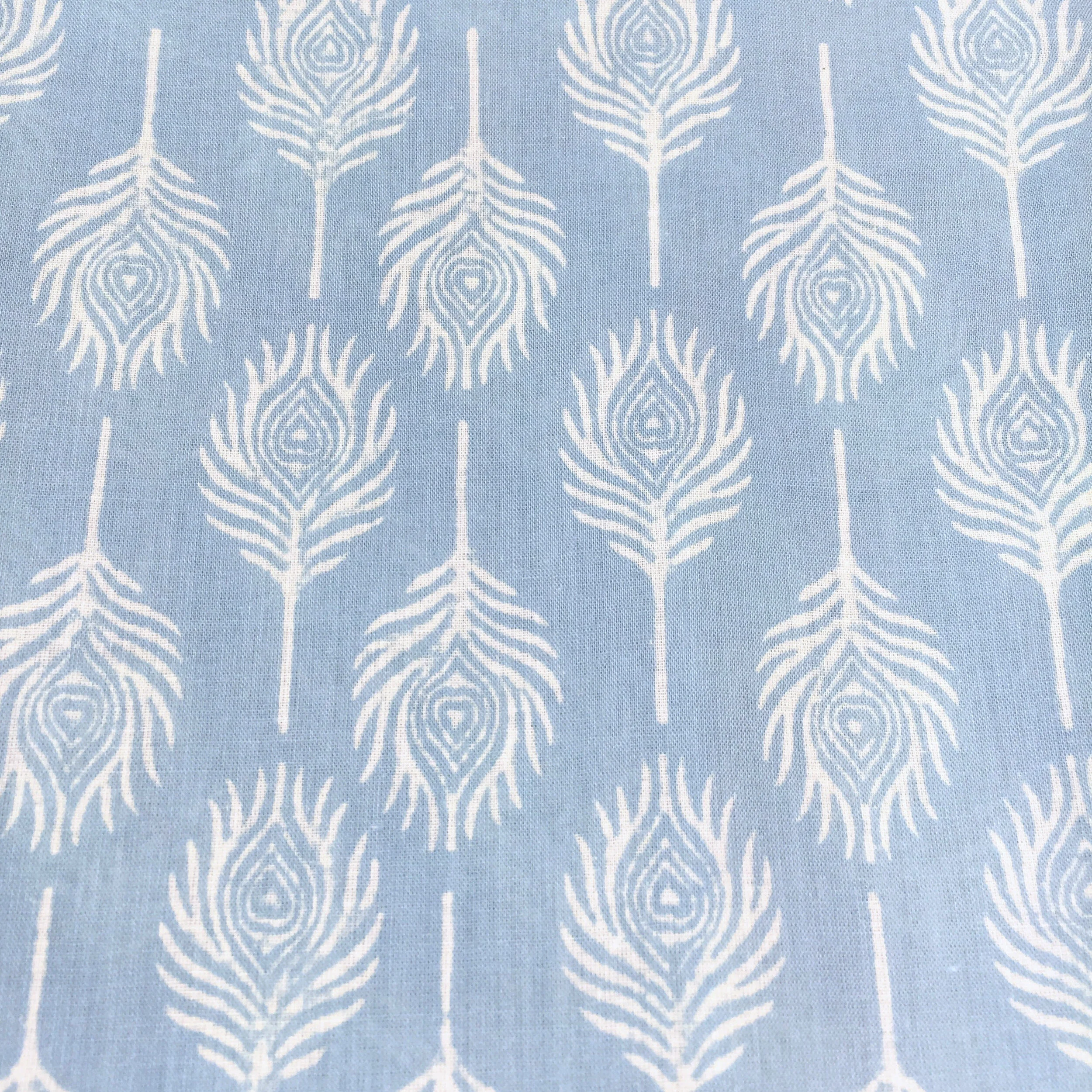 Baby Blue Feather Block Printed Fabric