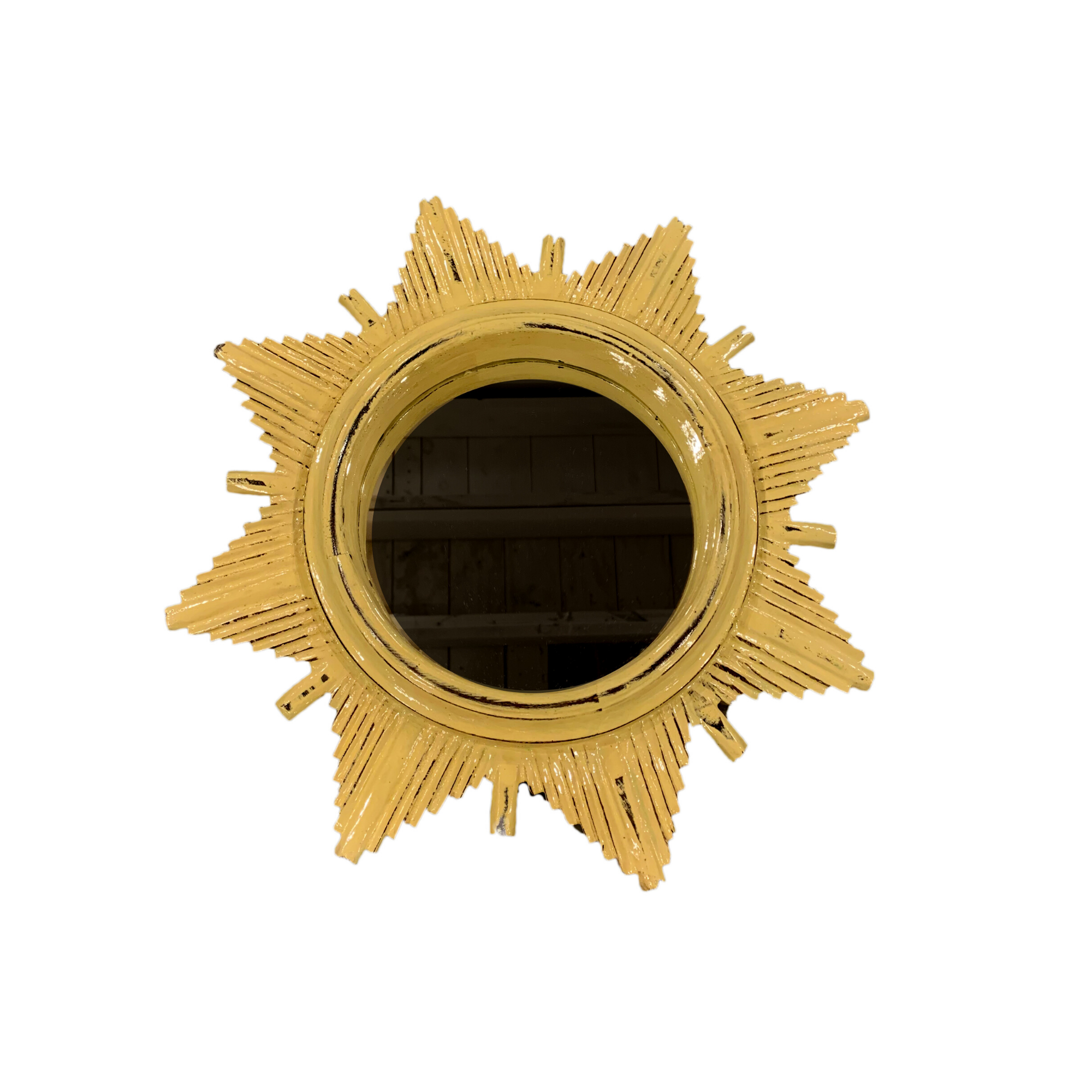 Yellow Sunburst Distressed Round Mirror