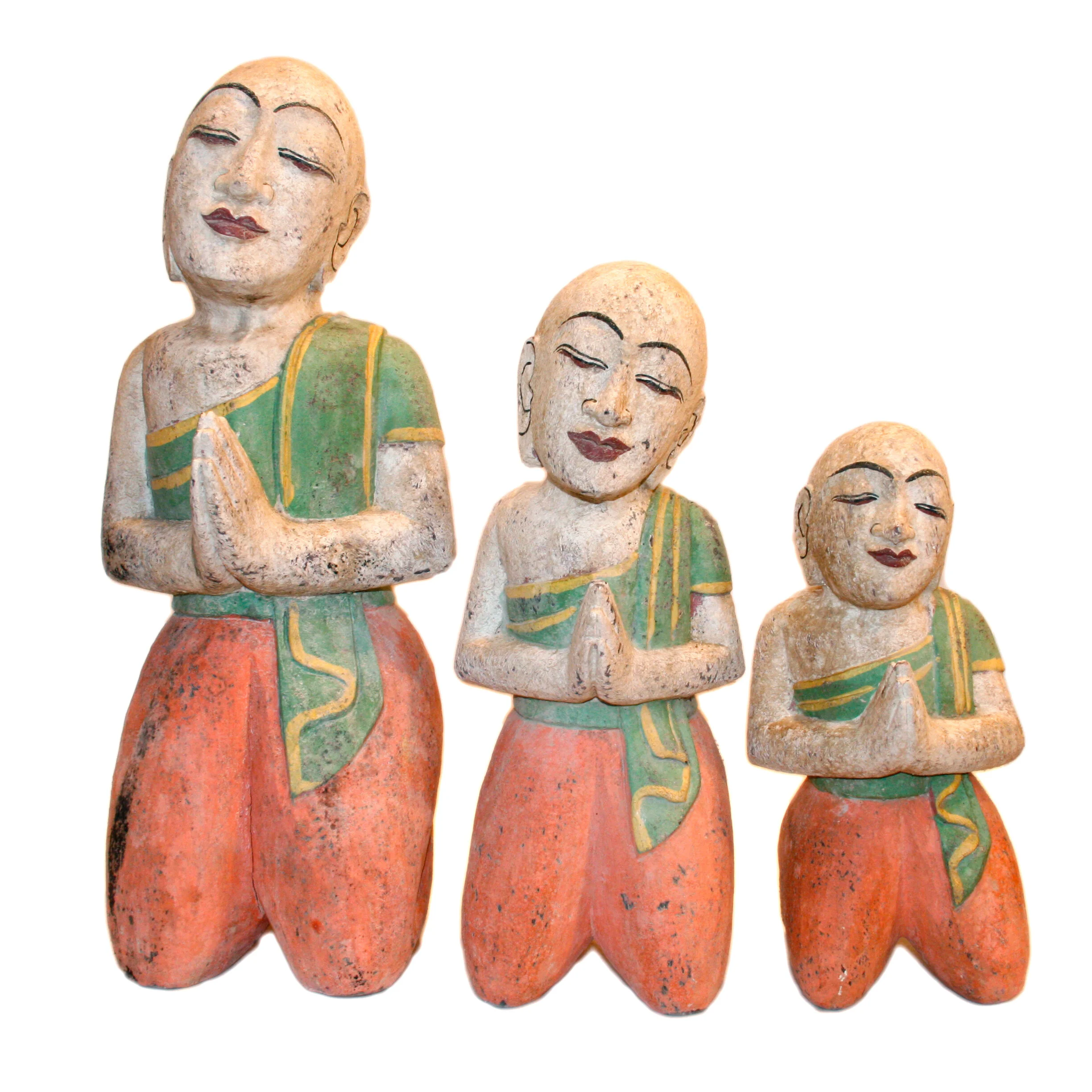 SET OF 3: Wooden Praying Monks