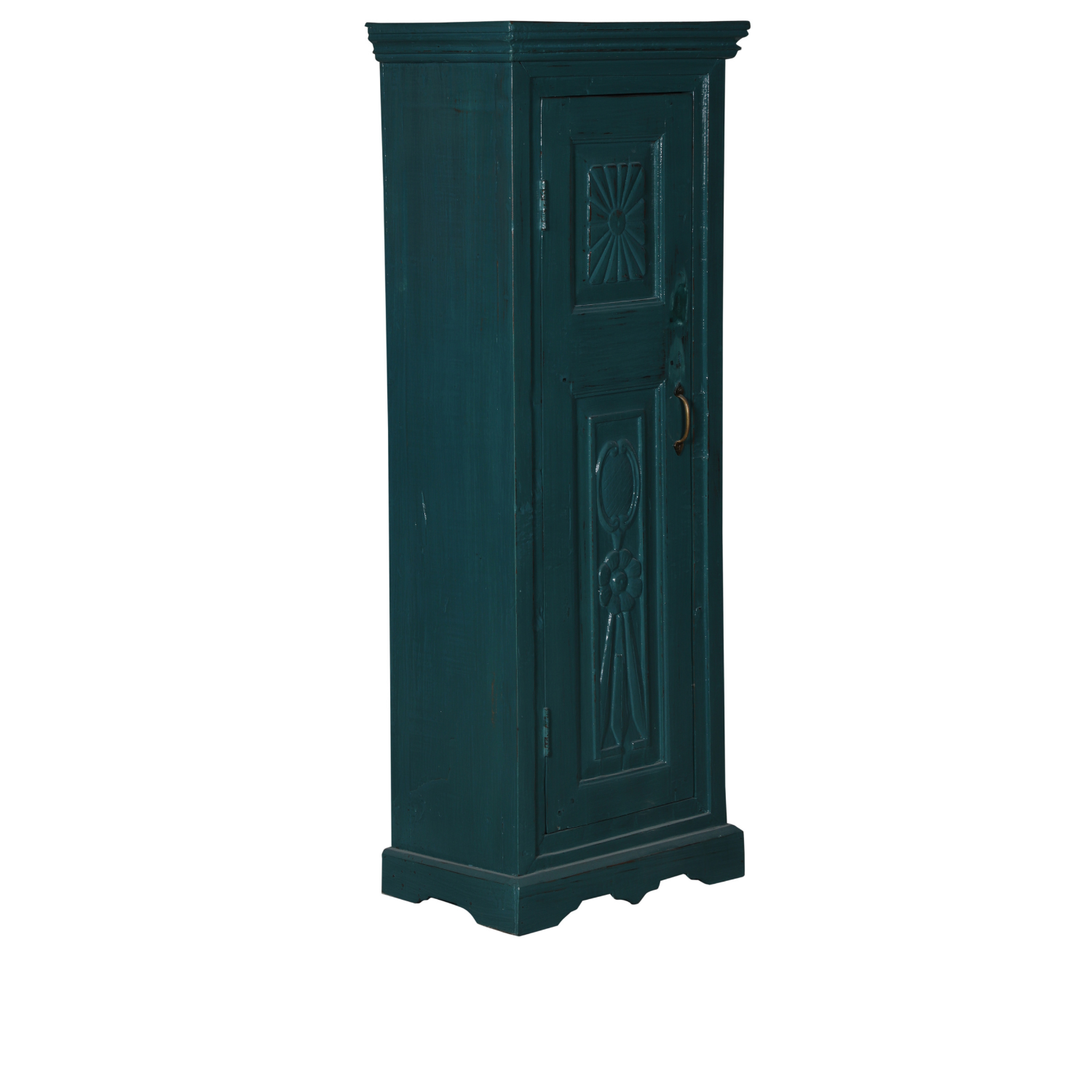 Narrow Dark Teal Carved Cabinet