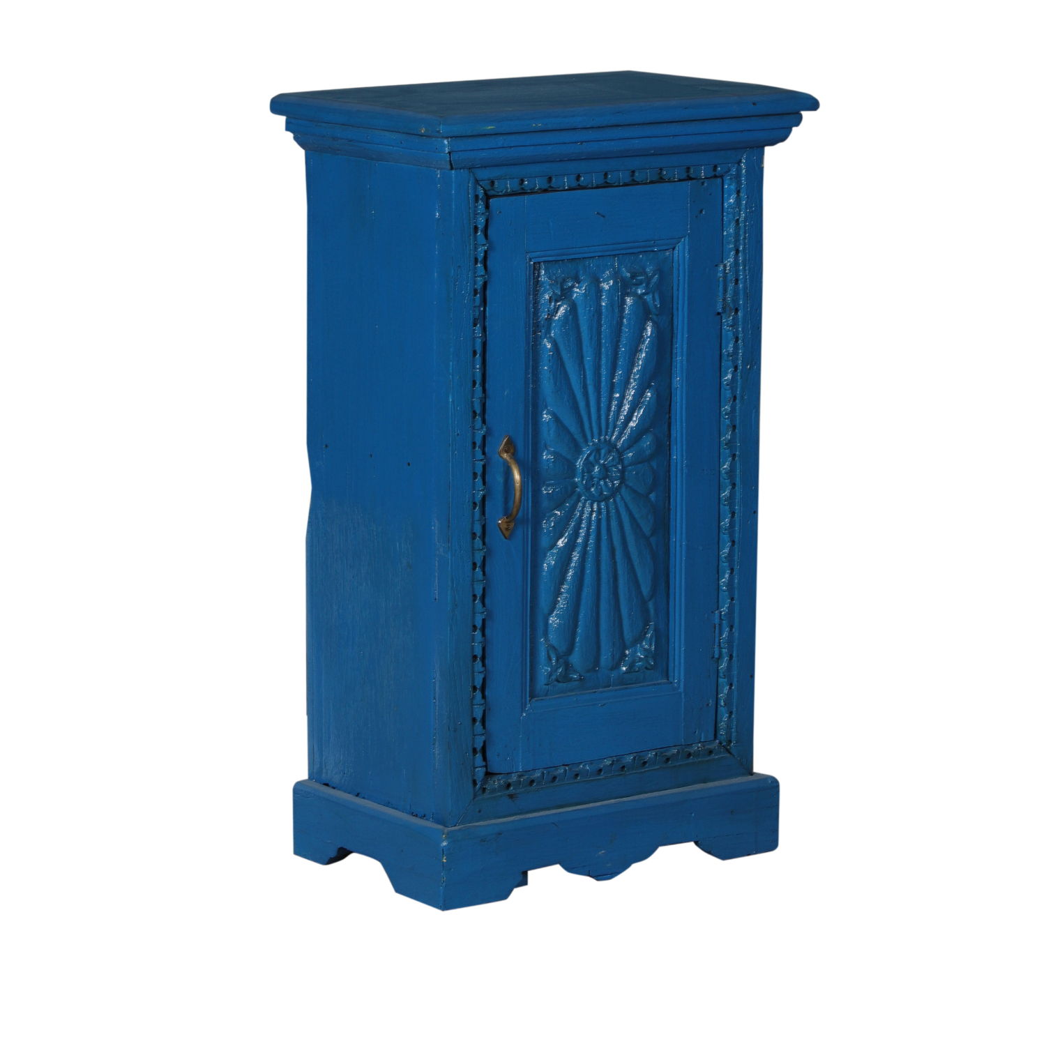 Bright Blue Carved Bedside Cabinet
