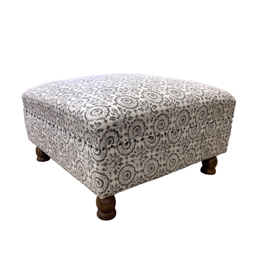 Block Printed Grey Upholstered Ottoman