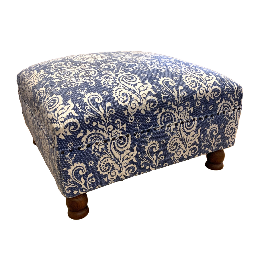 Block Printed Blue Upholstered Ottoman