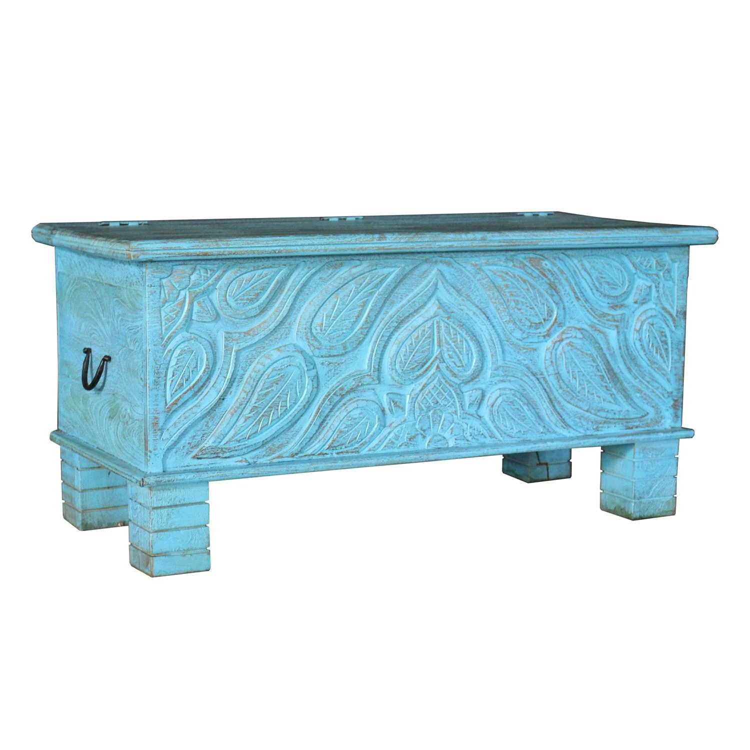 SOLD - Blue Carved Blanket Box