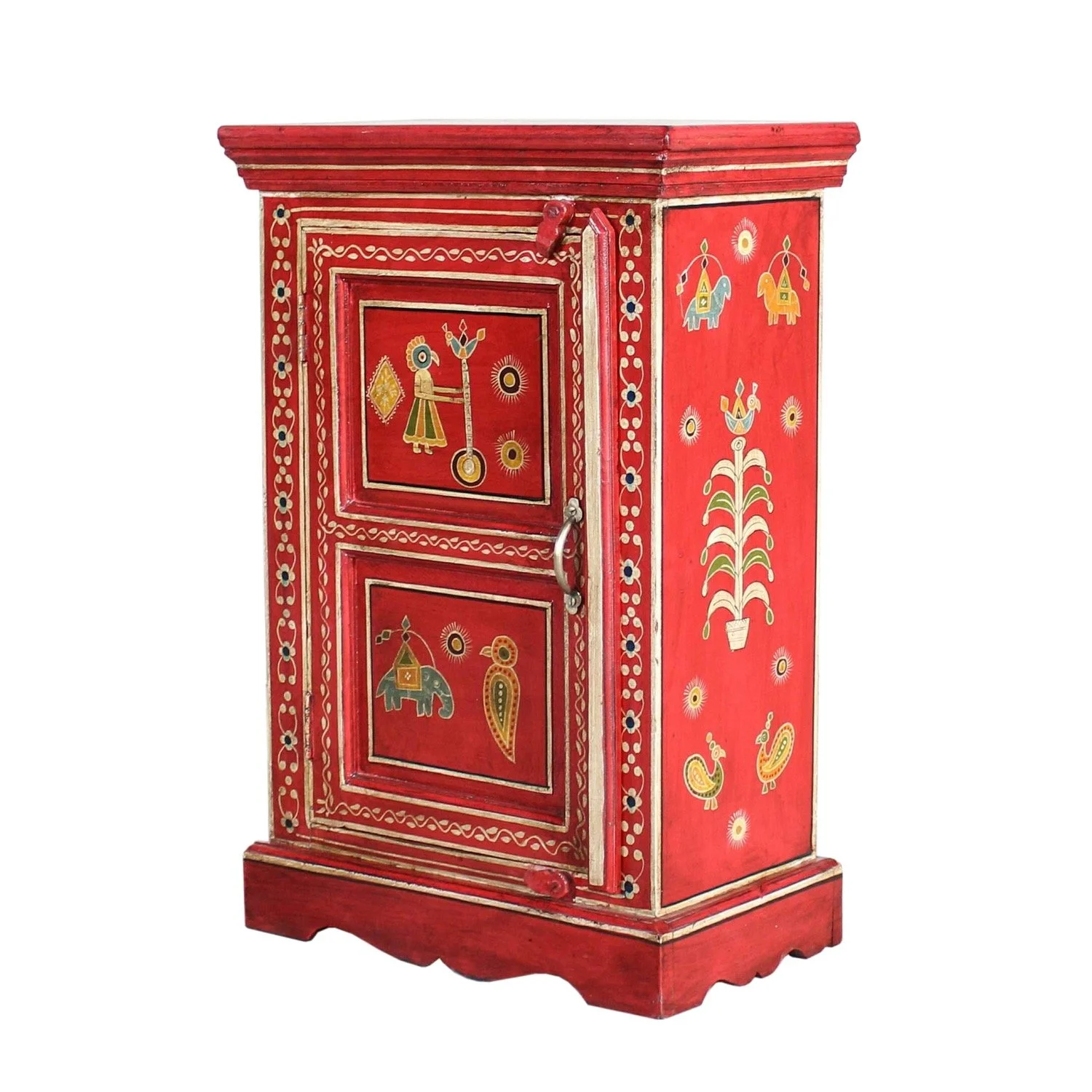 Red Rajasthani Painted Bedside Table