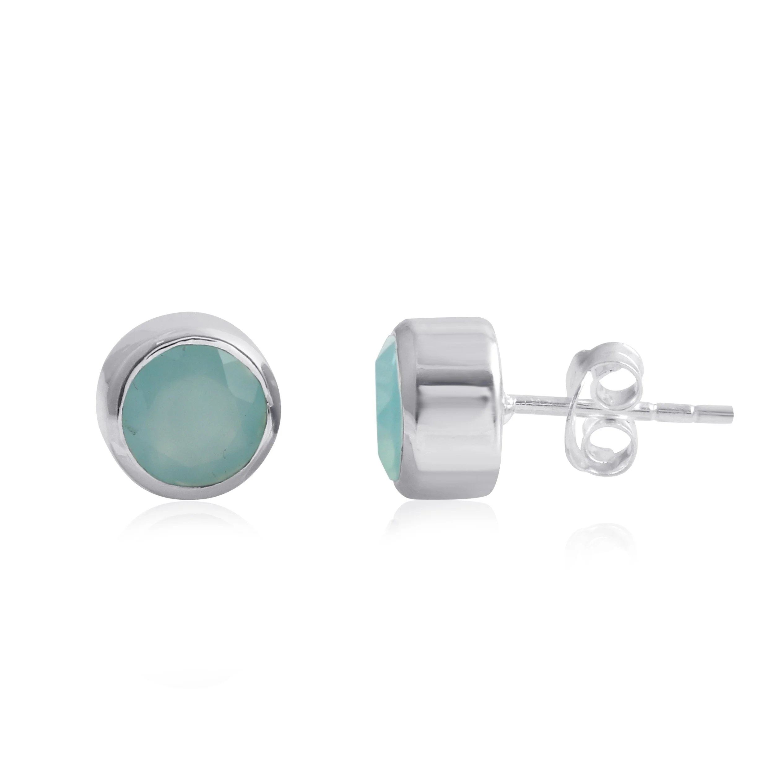 Aqua Chalcedony Round Stud Earring