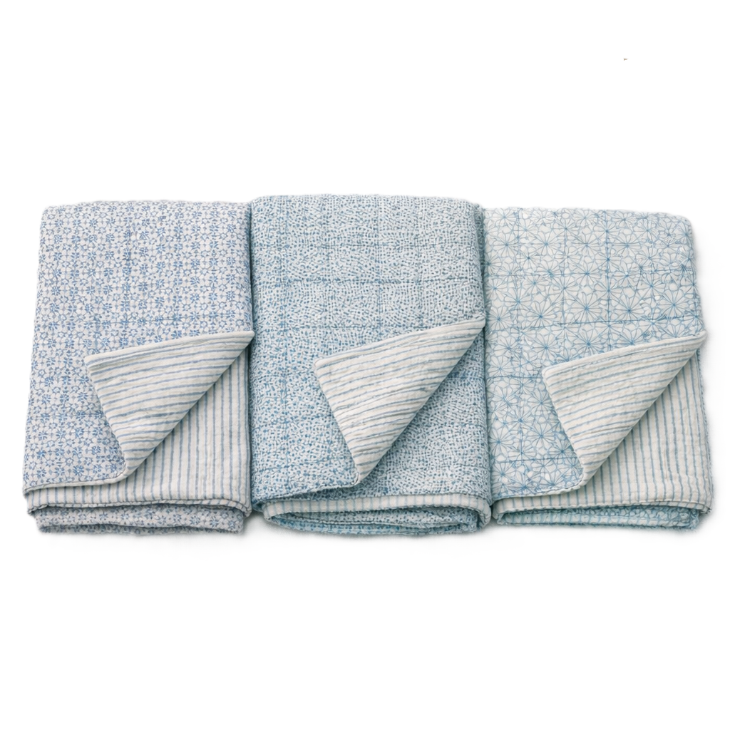 Blue Cotton Quilt - Lightweight Block Printed - Full/Queen