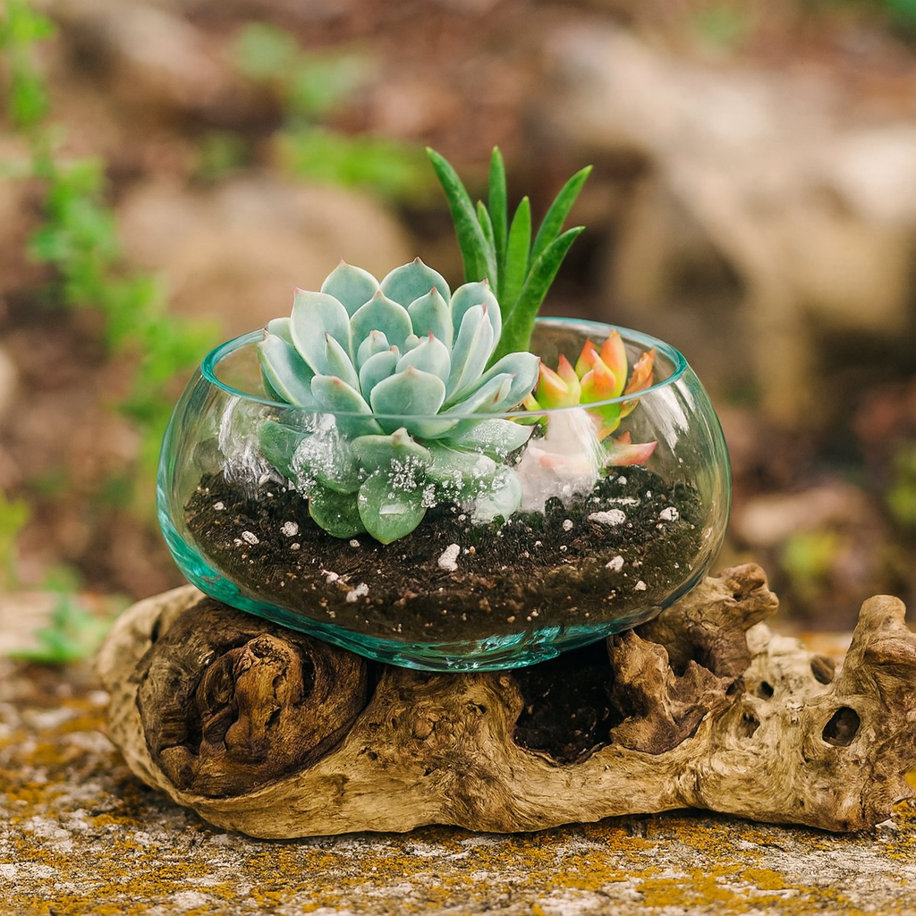 Hand‑Blown Glass Dish on Natural Driftwood Base