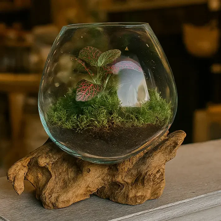 Hand‑Blown Mini Terrarium on Natural Driftwood Base