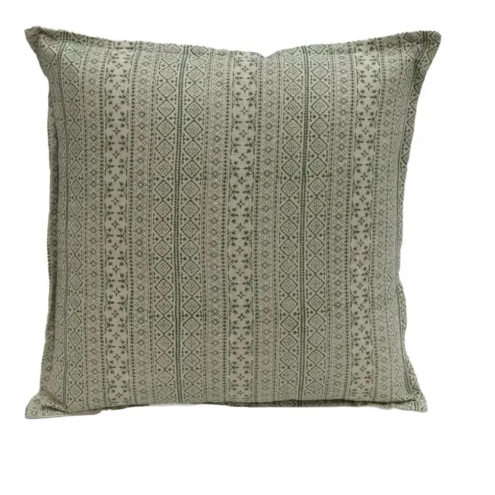 Green and White Hand Block Printed Linen Pillow – 20" x 20"