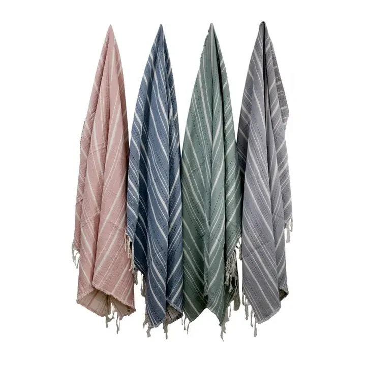 Cotton Striped Throw Blanket (Pink, Navy, Green, Gray)